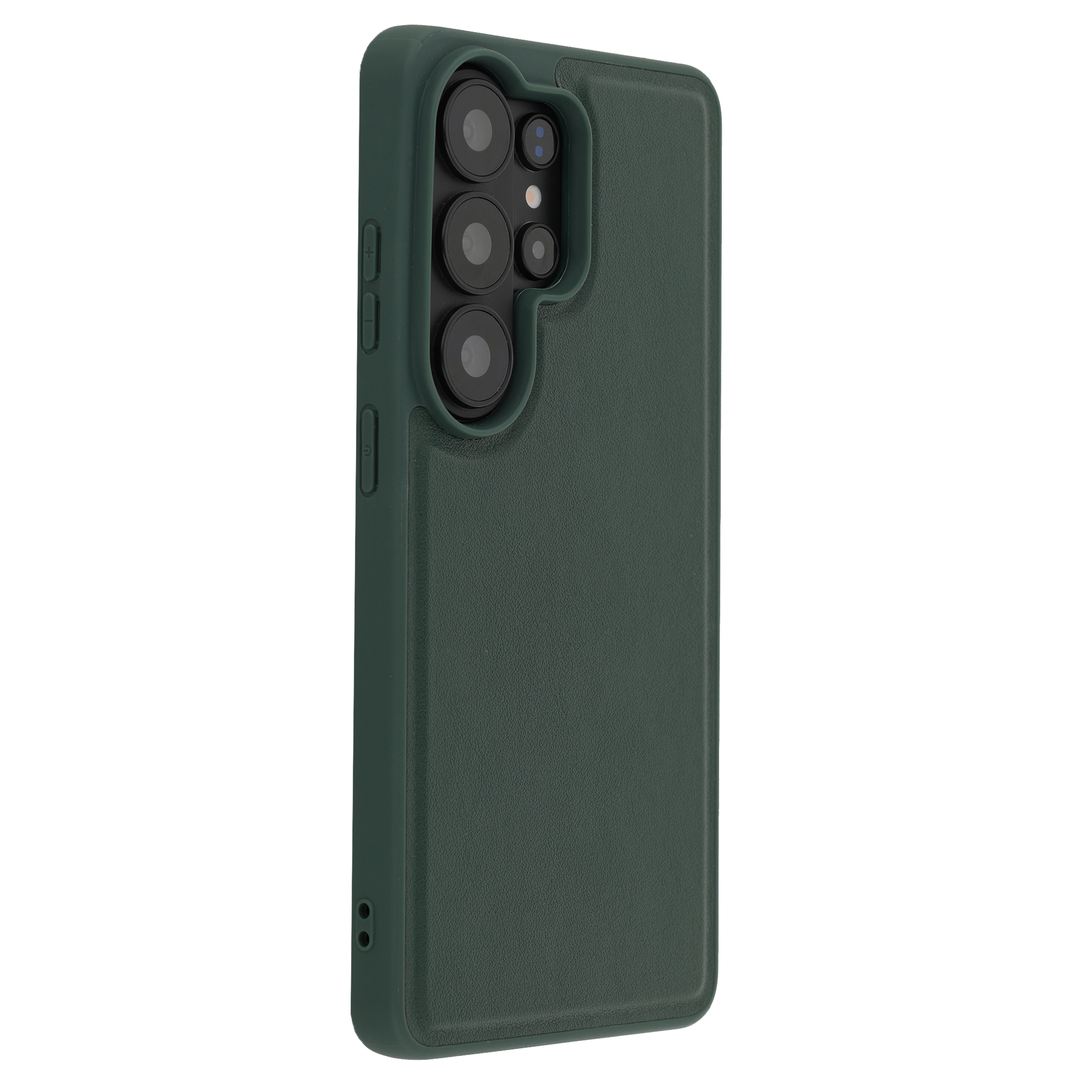 Donkergroene telefoonhoes met camera-uitsparing en zijtoetsen.