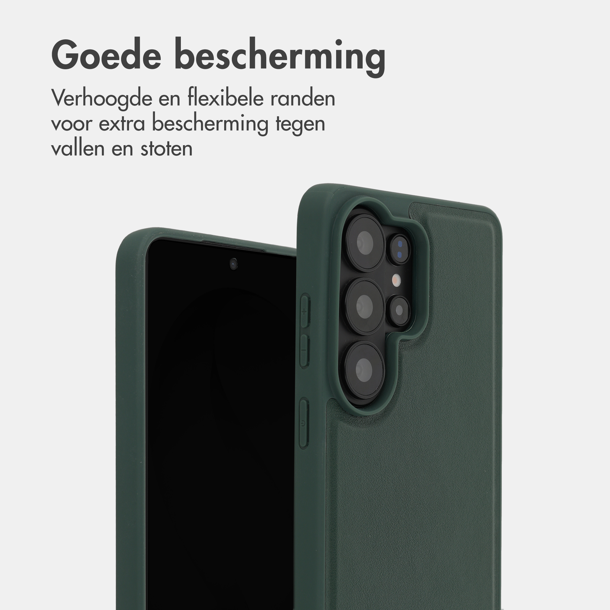 Donkergroene telefoonhoes met verhoogde randen en camera-uitsparing.