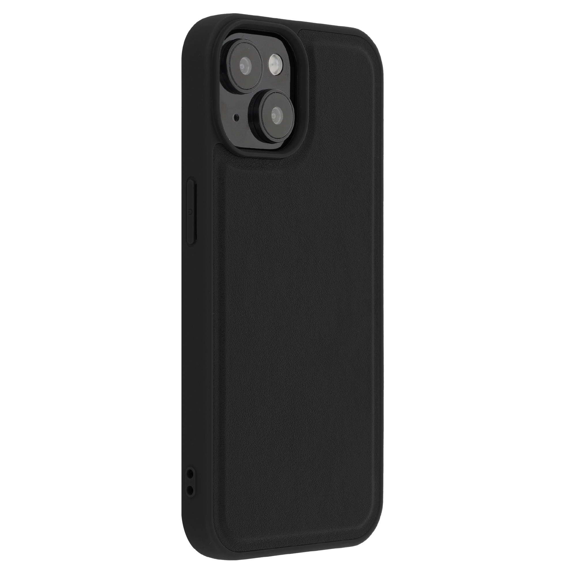 Zwarte telefoonhoes met camera-uitsparing en getextureerde achterkant.