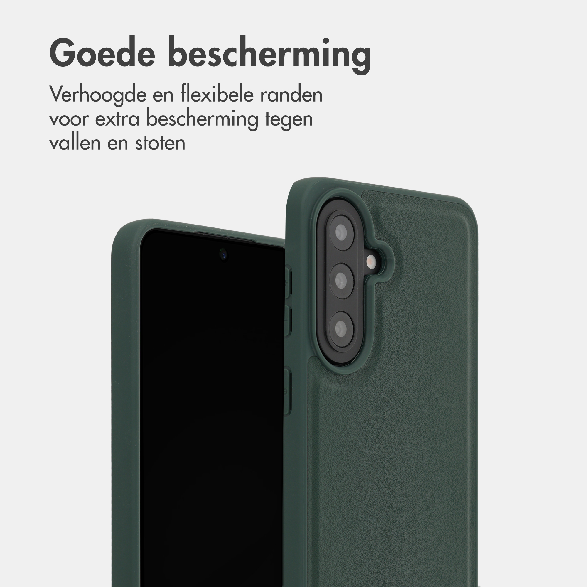 Donkergroene telefoonhoes met cameramodule en zwart scherm.