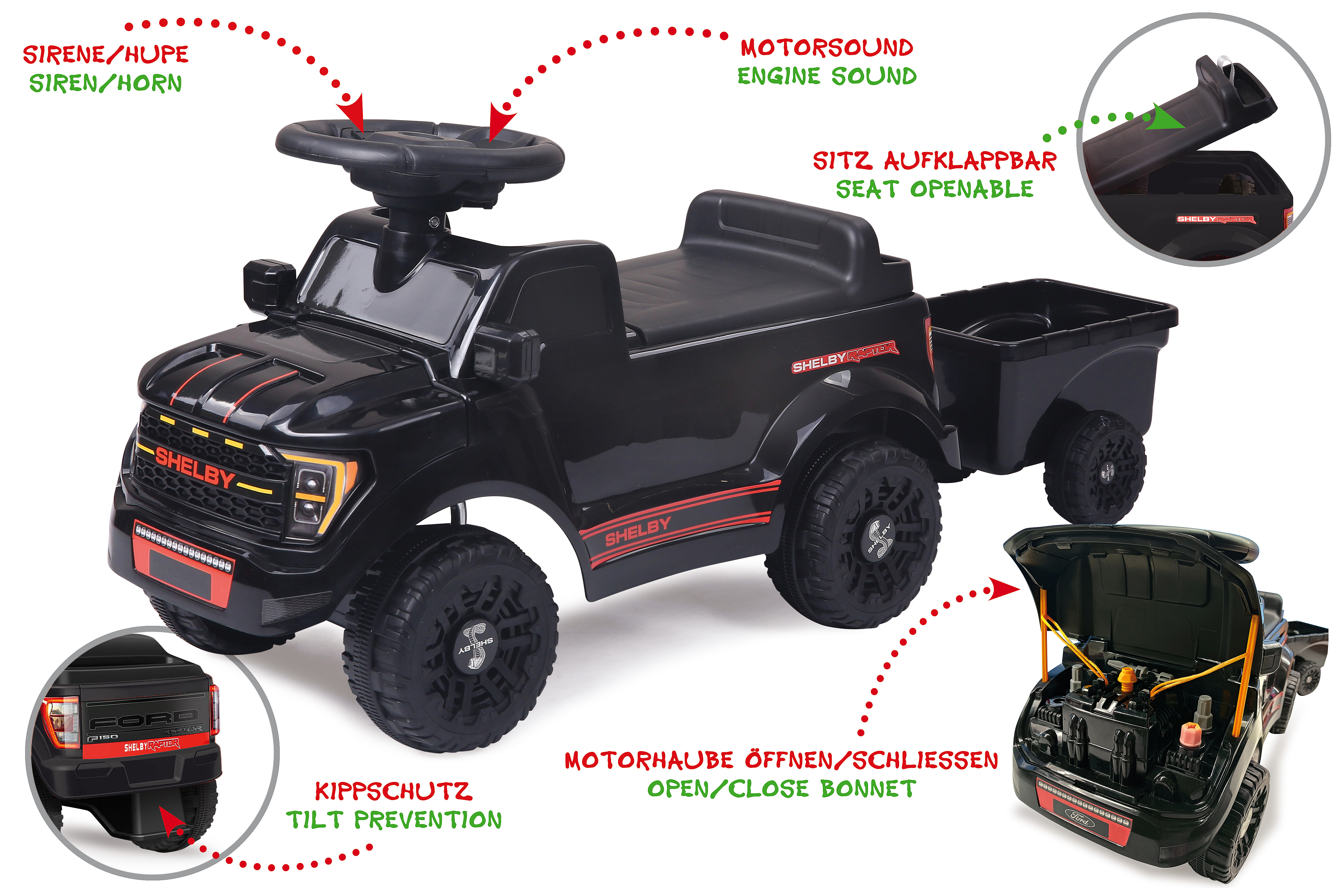 Schwarzer Kinder-Ride-on Truck mit Anhänger, aufklappbarem Sitz und Motorhaube.
