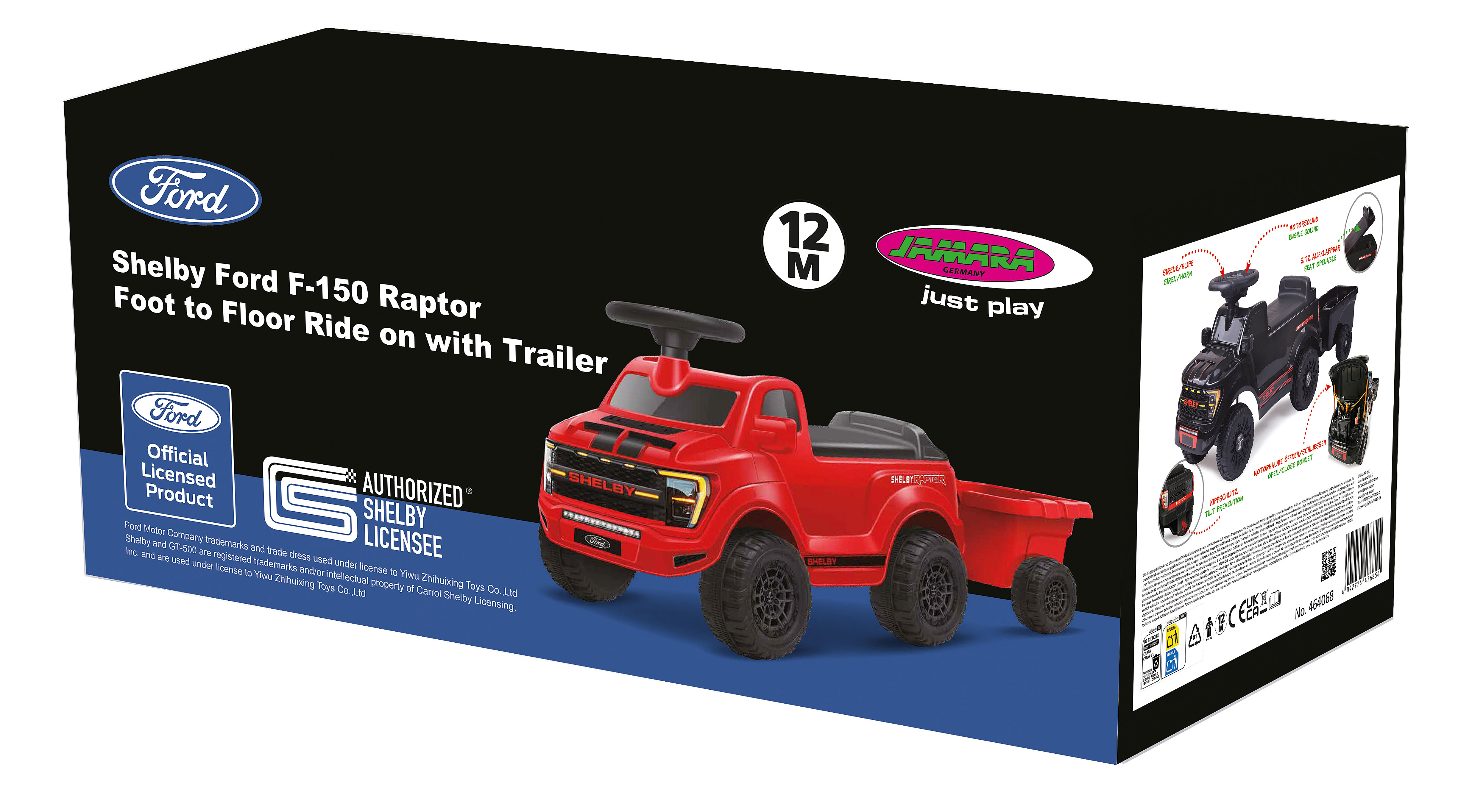Roter Ford F-150 Raptor Spielzeugwagen mit Anhänger, Ford-Logo und Shelby-Aufdrucken.