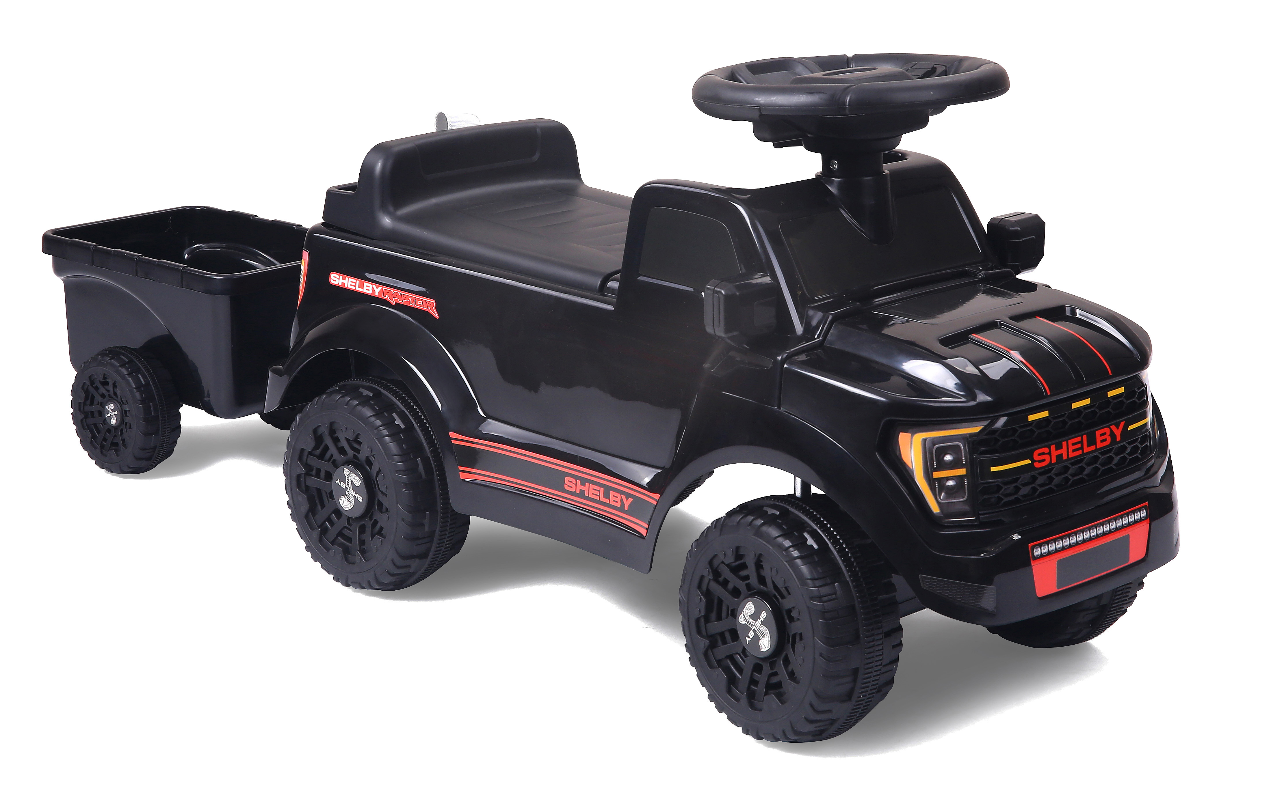 Schwarzer Kinder-LKW mit Anhänger, Shelby Raptor-Aufklebern und roten Akzenten.