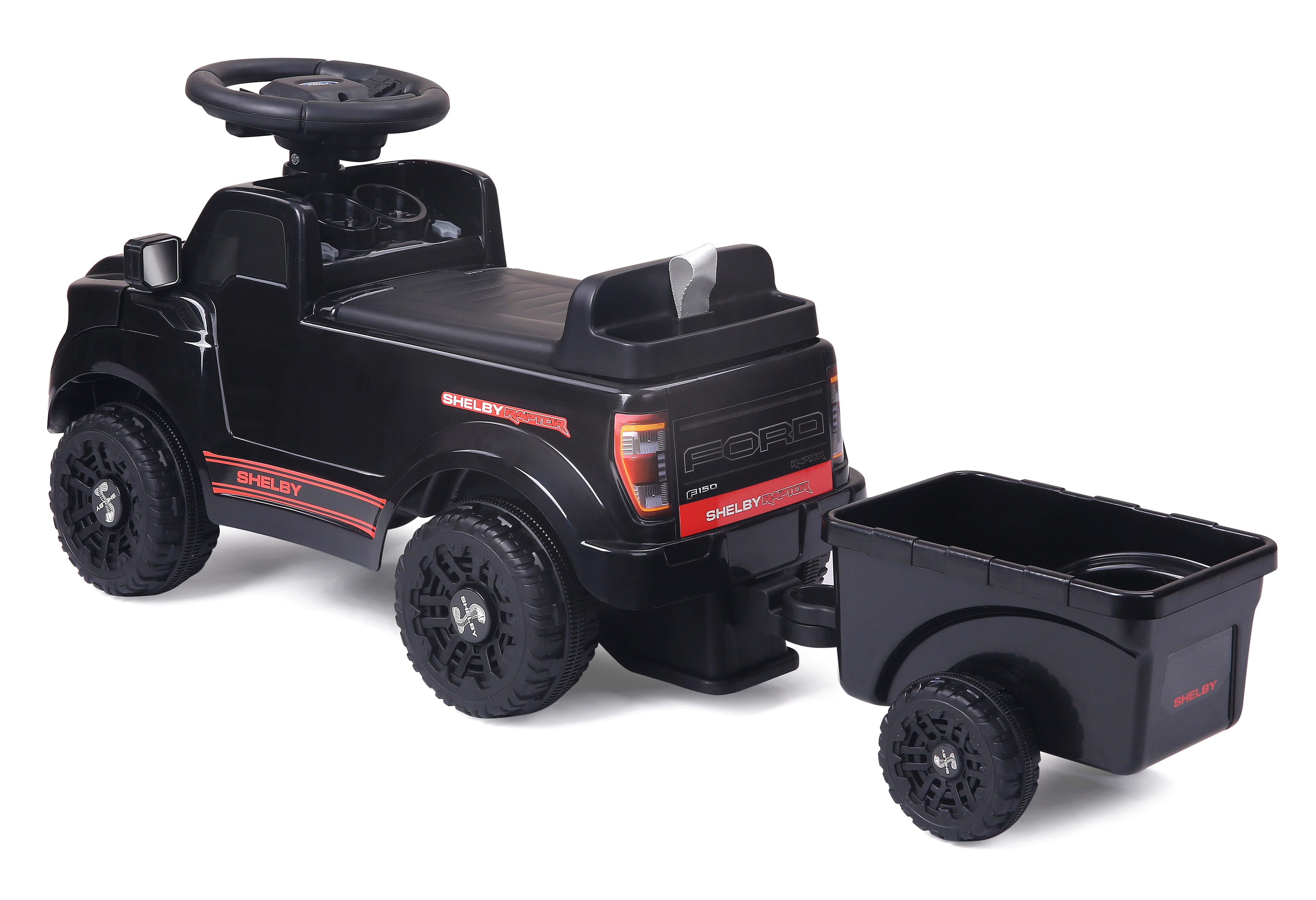 Schwarzes Spielzeugauto mit Anhänger, Ford Raptor Shelby Design.