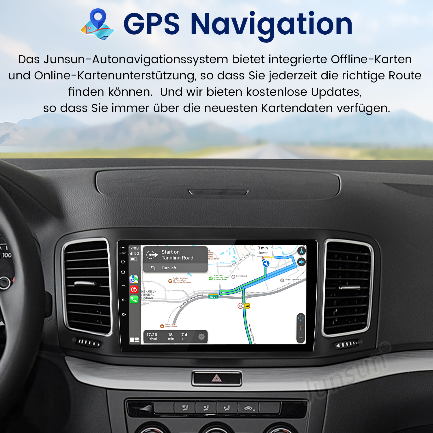 Armaturenbrett mit GPS-Navigationsanzeige, die eine Route zeigt.