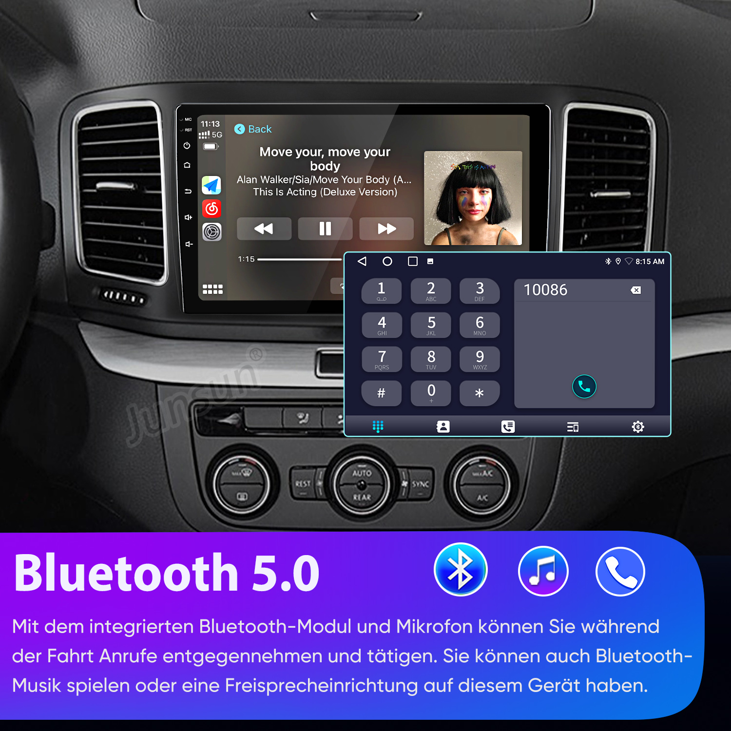 Ein Autoradio-Display zeigt Musik und ein Wählfeld. Unten steht 'Bluetooth 5.0'.