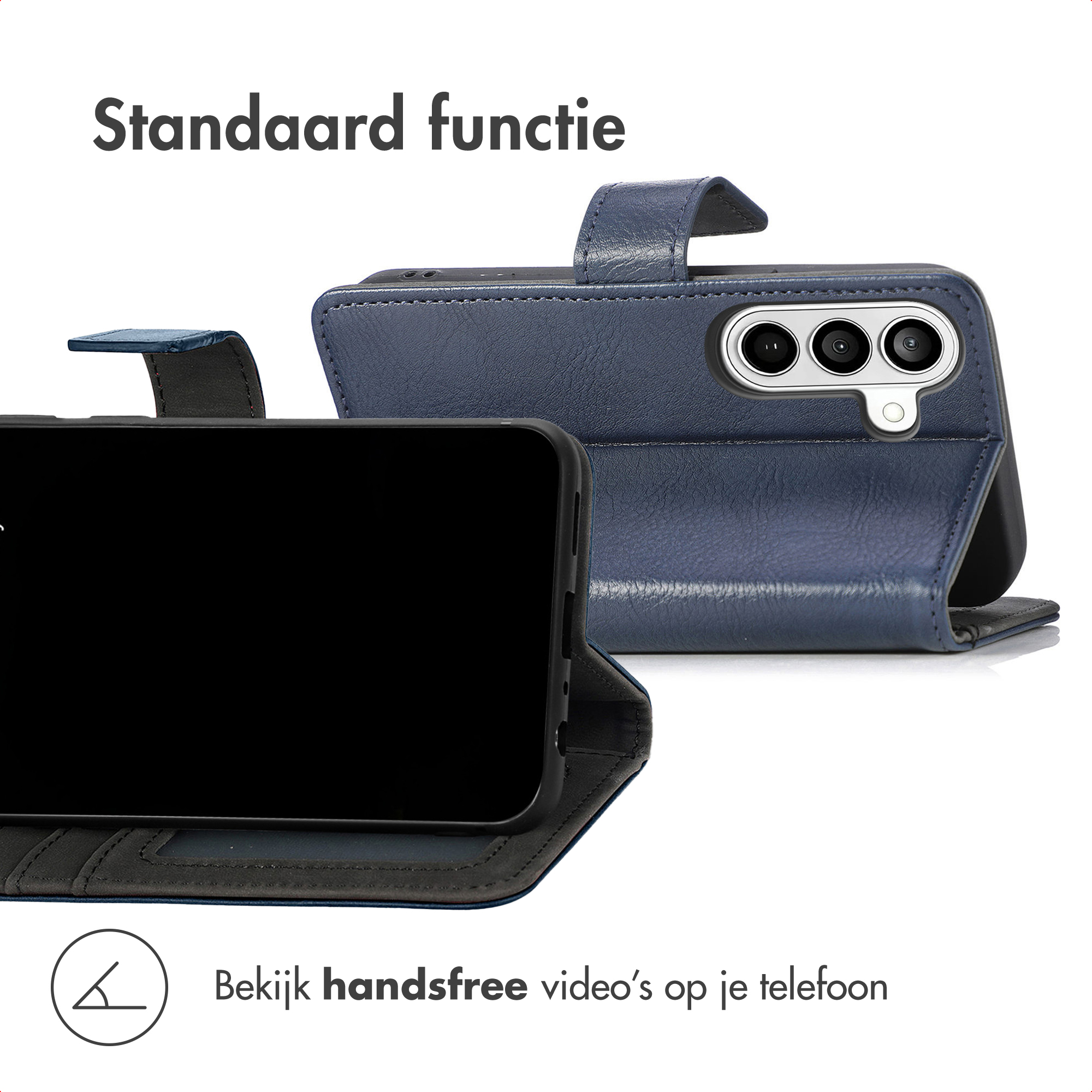 Een blauwe telefoonhoes met drie camera's en een telefoon.