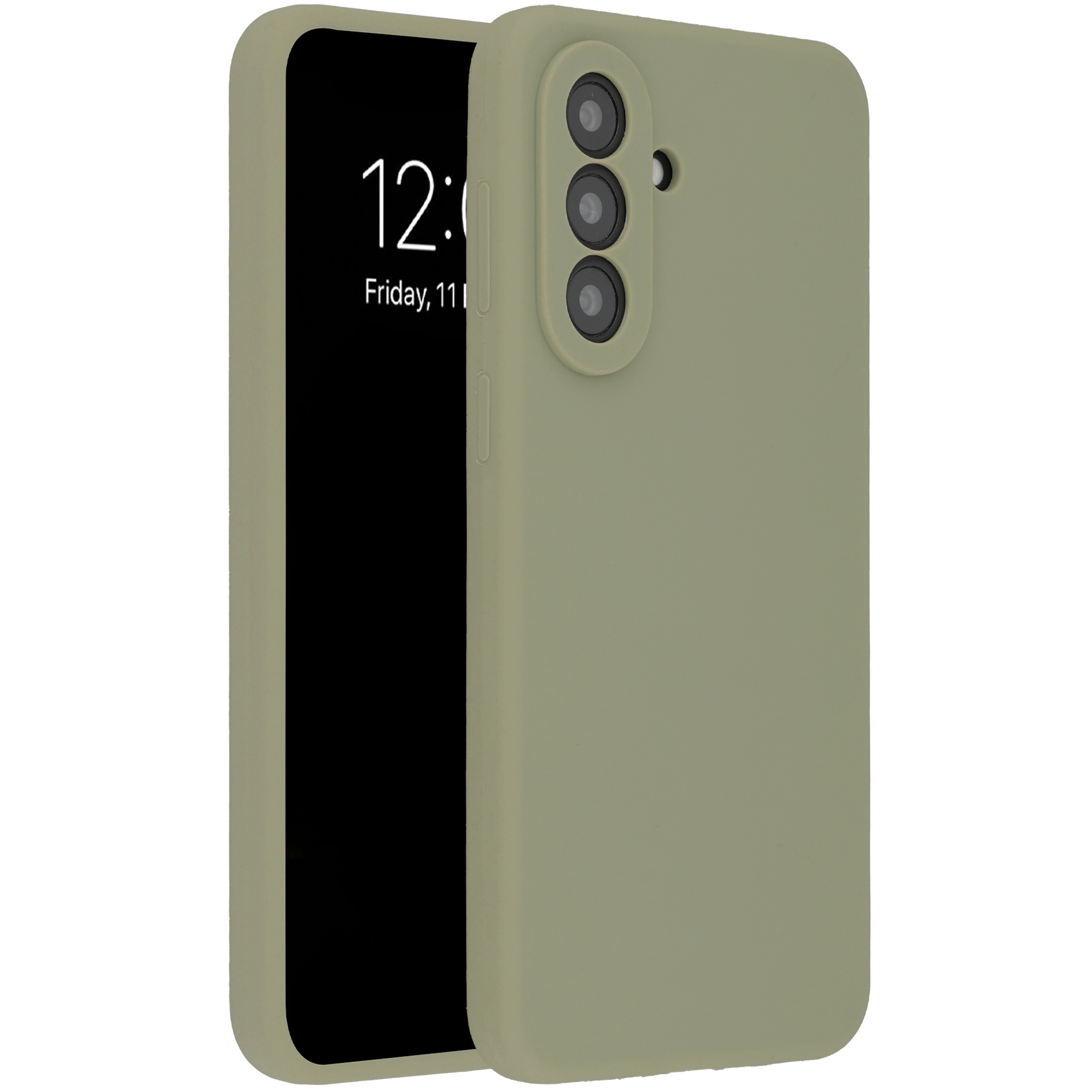 Ein hellgrünes Handy mit dreifacher Kamera und einem schwarzen Bildschirm.