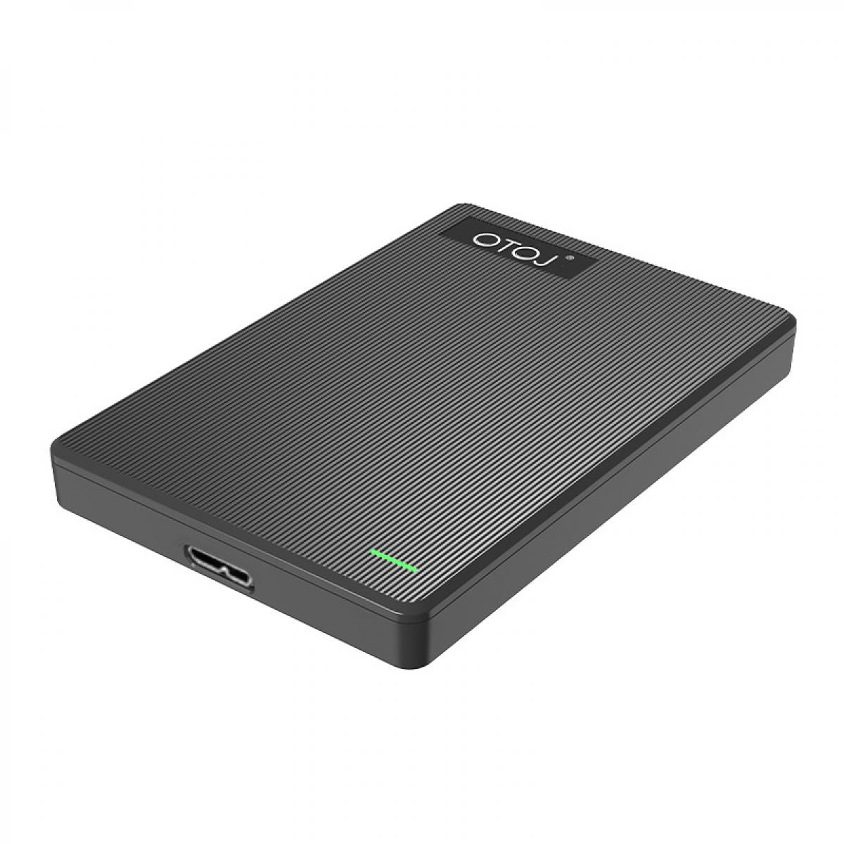 Schwarze externe Festplatte mit gerilltem Muster und USB-C-Anschluss.