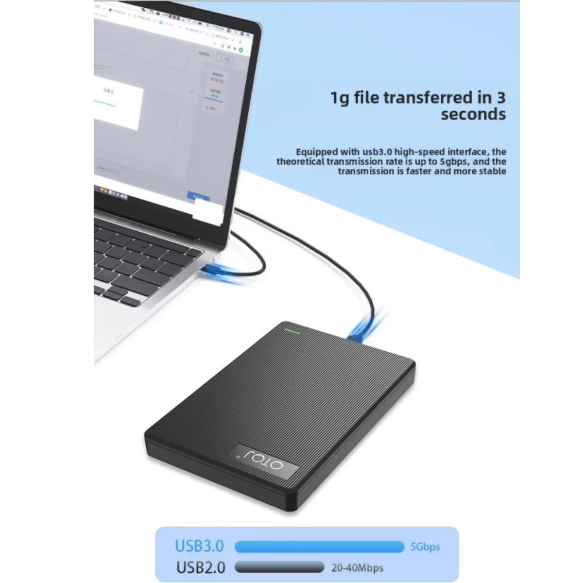 Laptop an externe Festplatte über USB 3.0 angeschlossen. Text betont Geschwindigkeit.