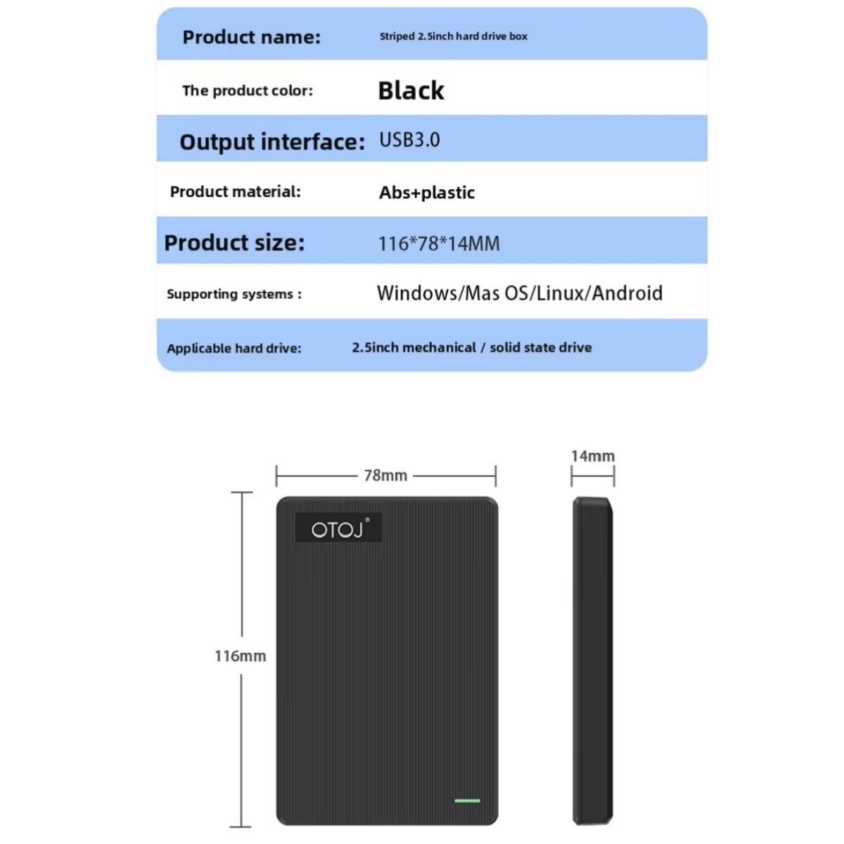 Schwarzes 2,5-Zoll-USB-3.0-Festplattengehäuse, Maße 116x78x14mm.