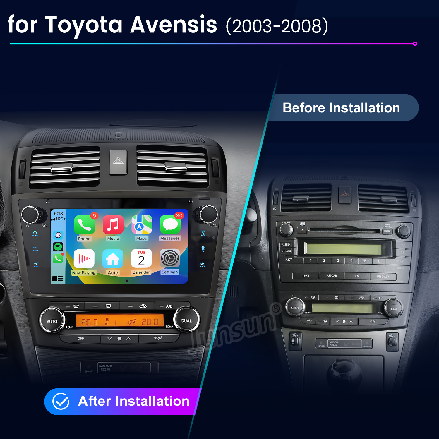 Vergleich von Toyota Avensis Autoradios: vor und nach der Installation.