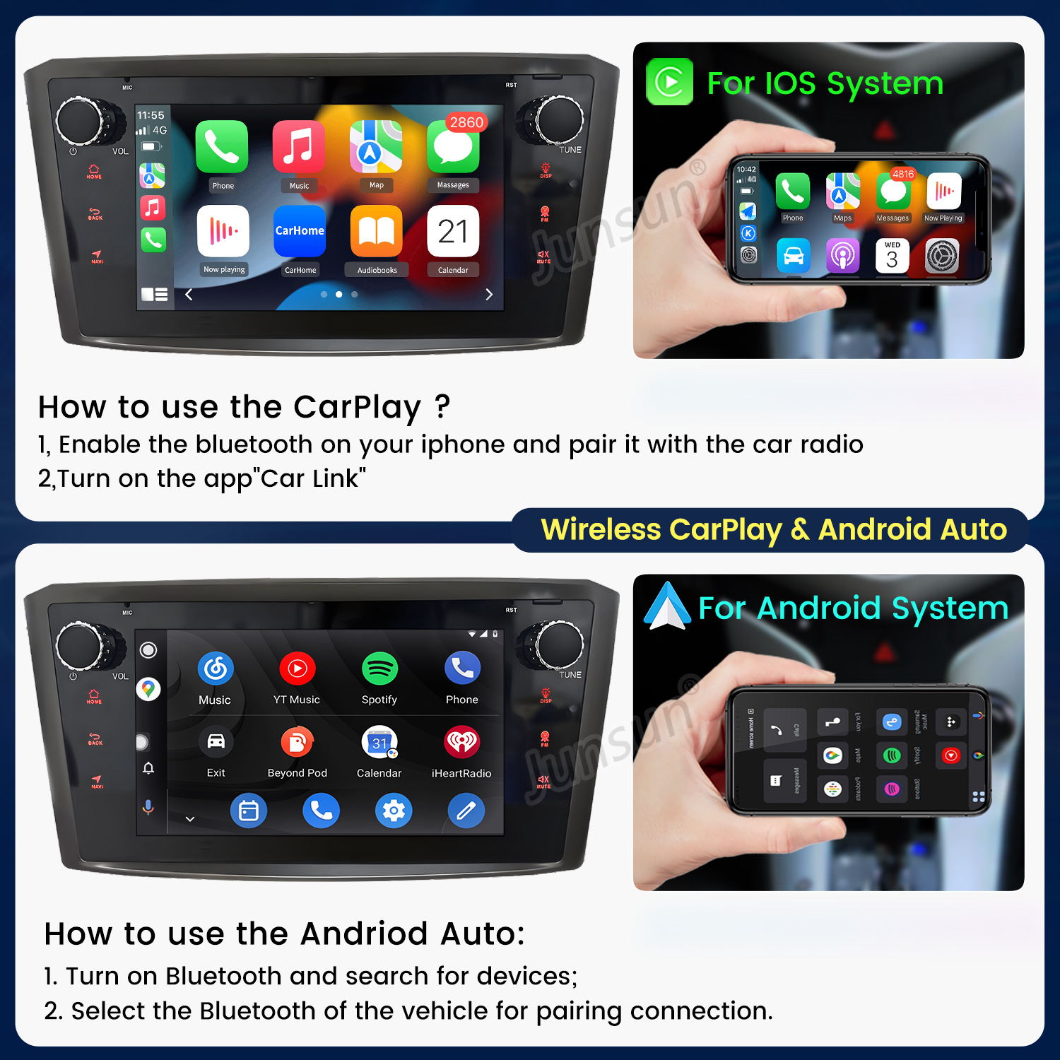 Ein Auto-Infotainmentsystem zeigt CarPlay und Android Auto.