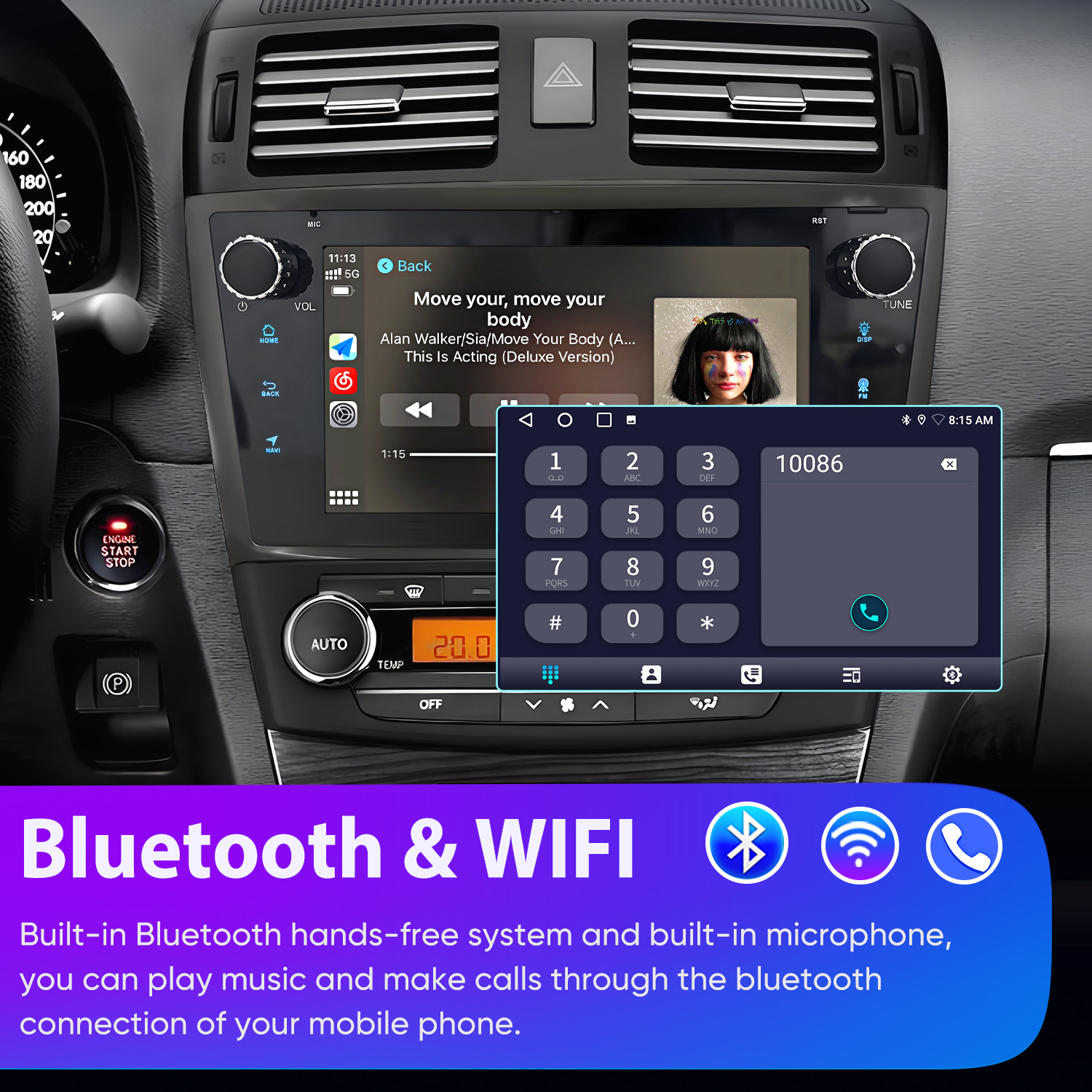Autoinnenraum mit Touchscreen-Display, das Musik und Wählfeld zeigt.