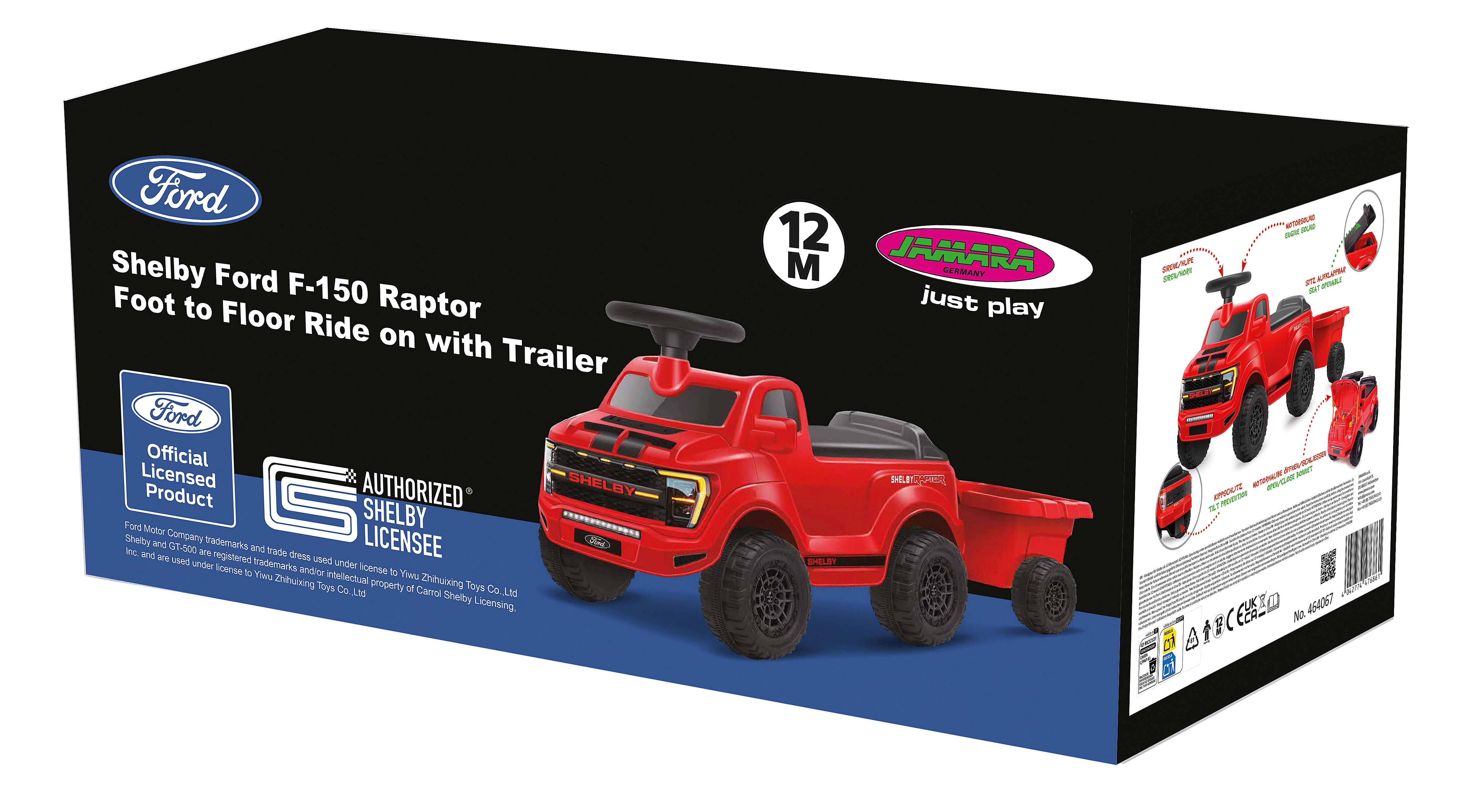 Un giocattolo cavalcabile rosso Ford F-150 Raptor con rimorchio, con loghi Ford e Shelby.