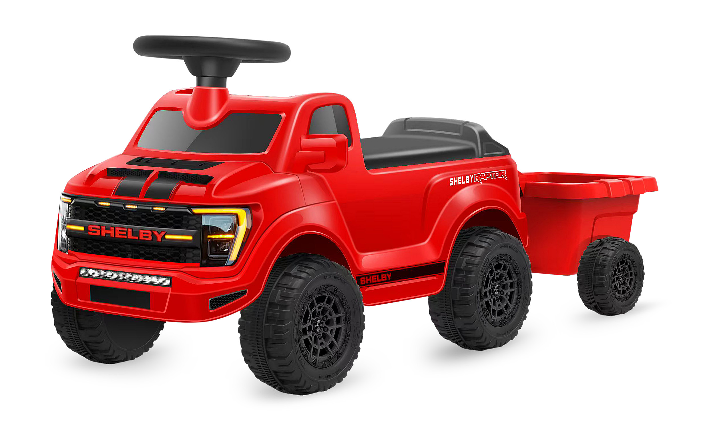 Un camion giocattolo rosso con rimorchio e volante nero. Sembra un Ford Raptor.