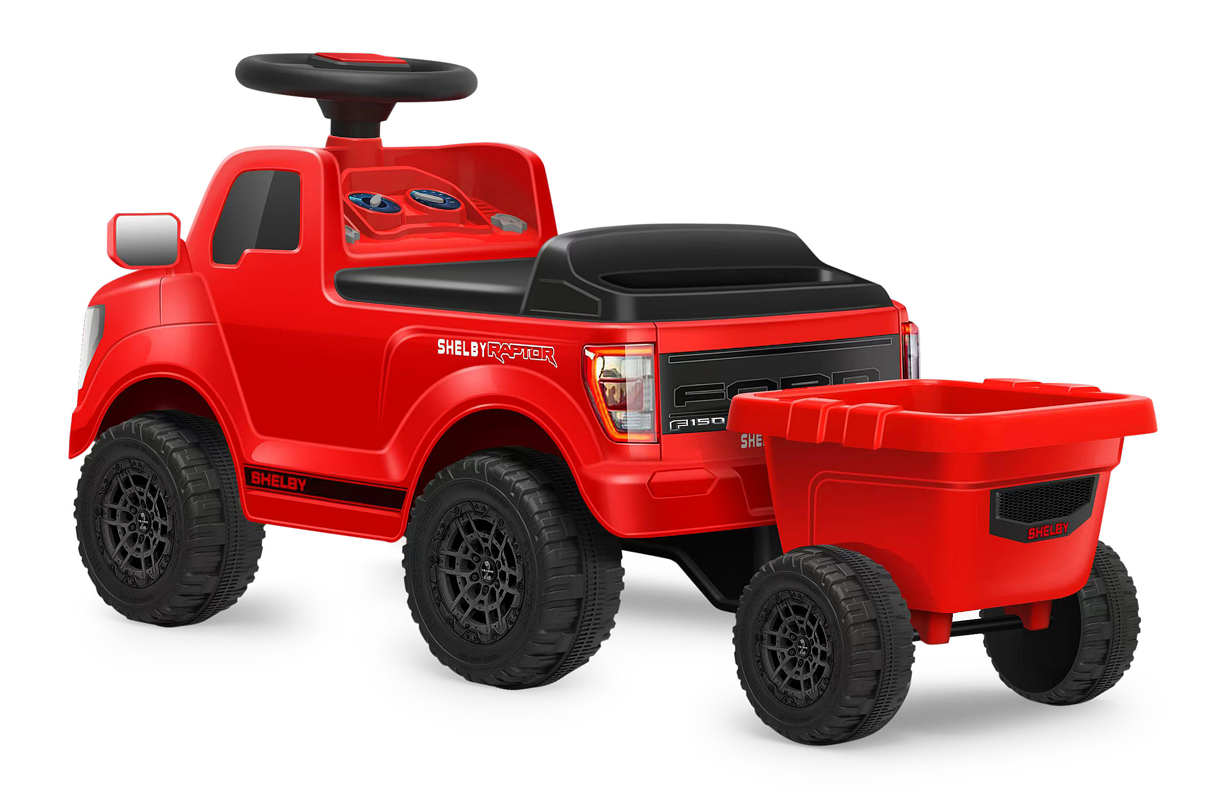 Un camion giocattolo rosso con rimorchio, modello Ford F-150 Shelby Raptor.