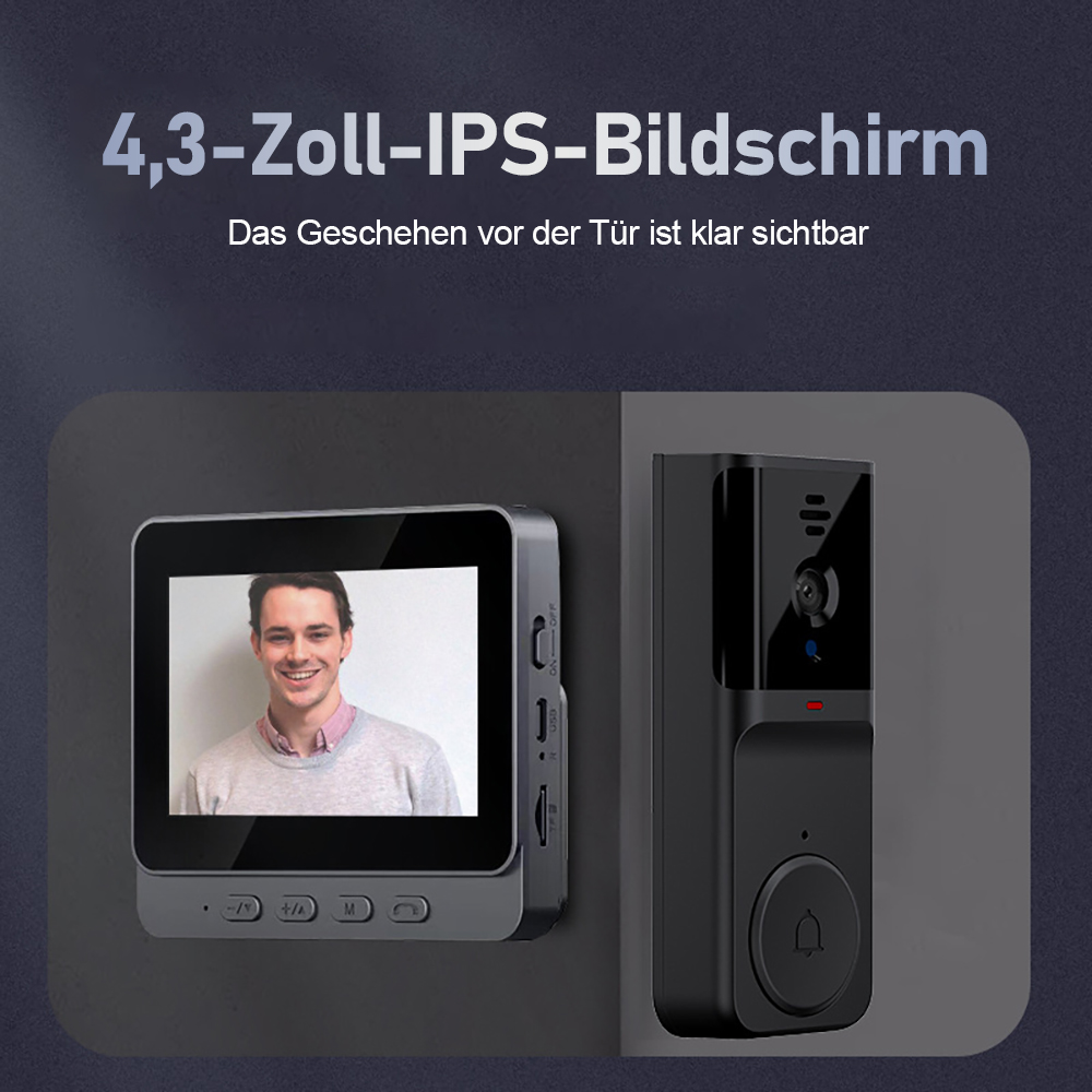 Ein 4,3-Zoll-IPS-Bildschirm zeigt ein Lächeln. Daneben ist eine Türklingelkamera.