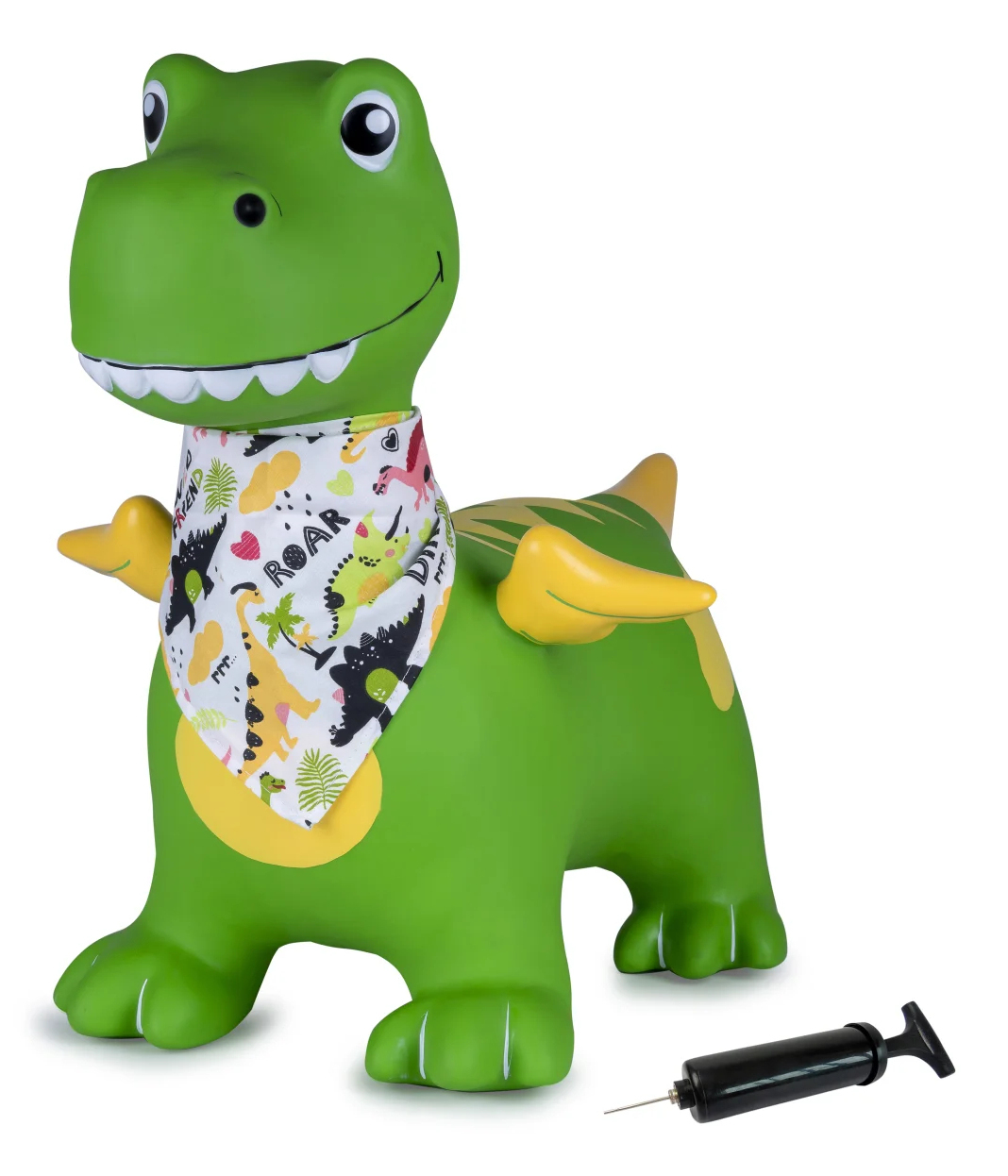 Grüner aufblasbarer Dinosaurier mit Bandana und Pumpe daneben.