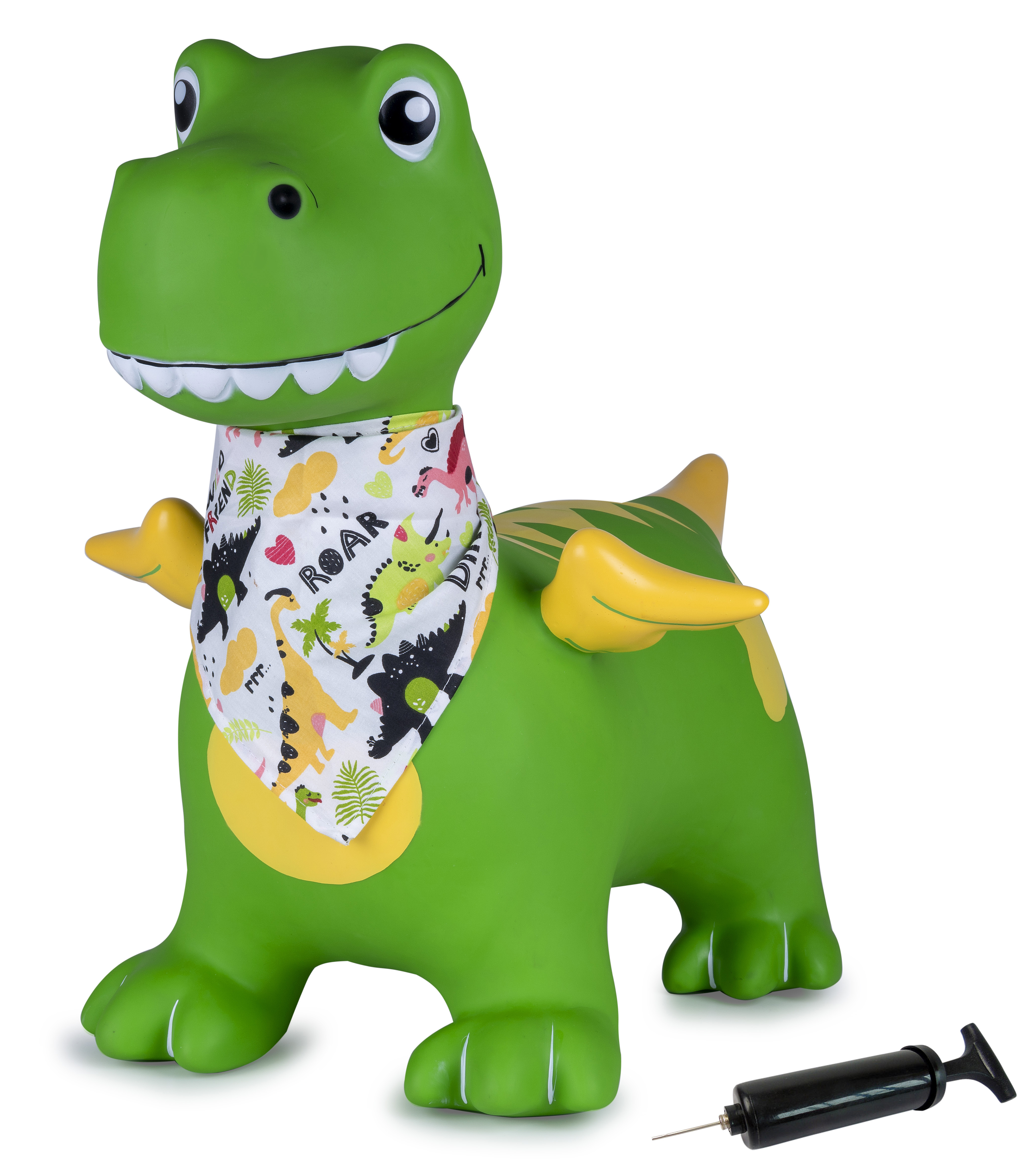 Grünes aufblasbares Dinosaurierspielzeug mit Bandana und schwarzer Handpumpe auf weißem Grund.