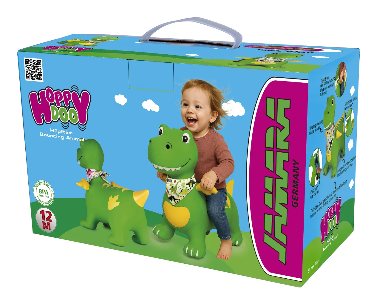 Grüner Hüpfdinosaurier mit Kleinkind auf einer Verpackung mit Schriftzug 'HOPPY DOO'.