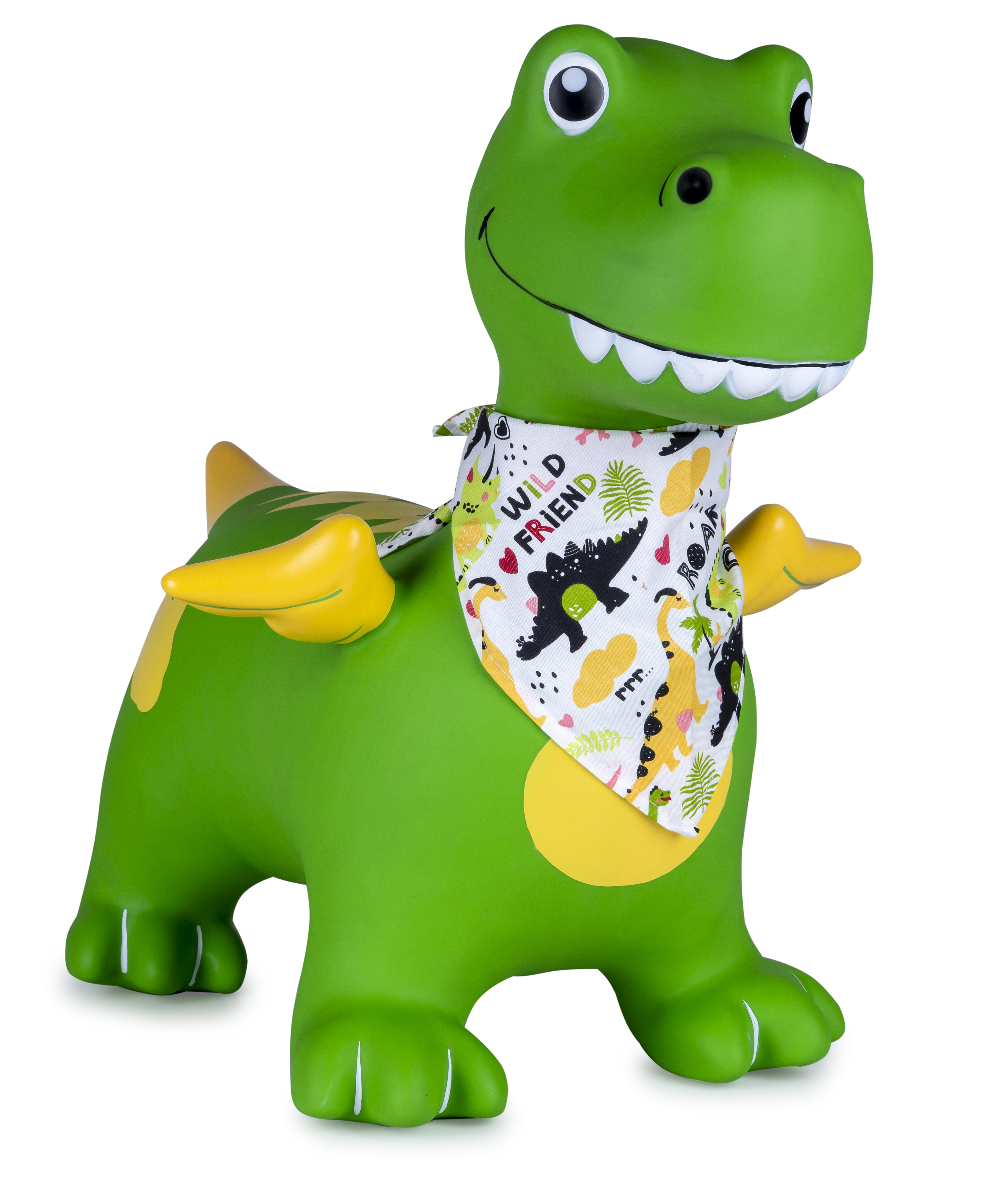 Grüner aufblasbarer Dino mit Bandana, gelben Flügeln und gelben Flecken.