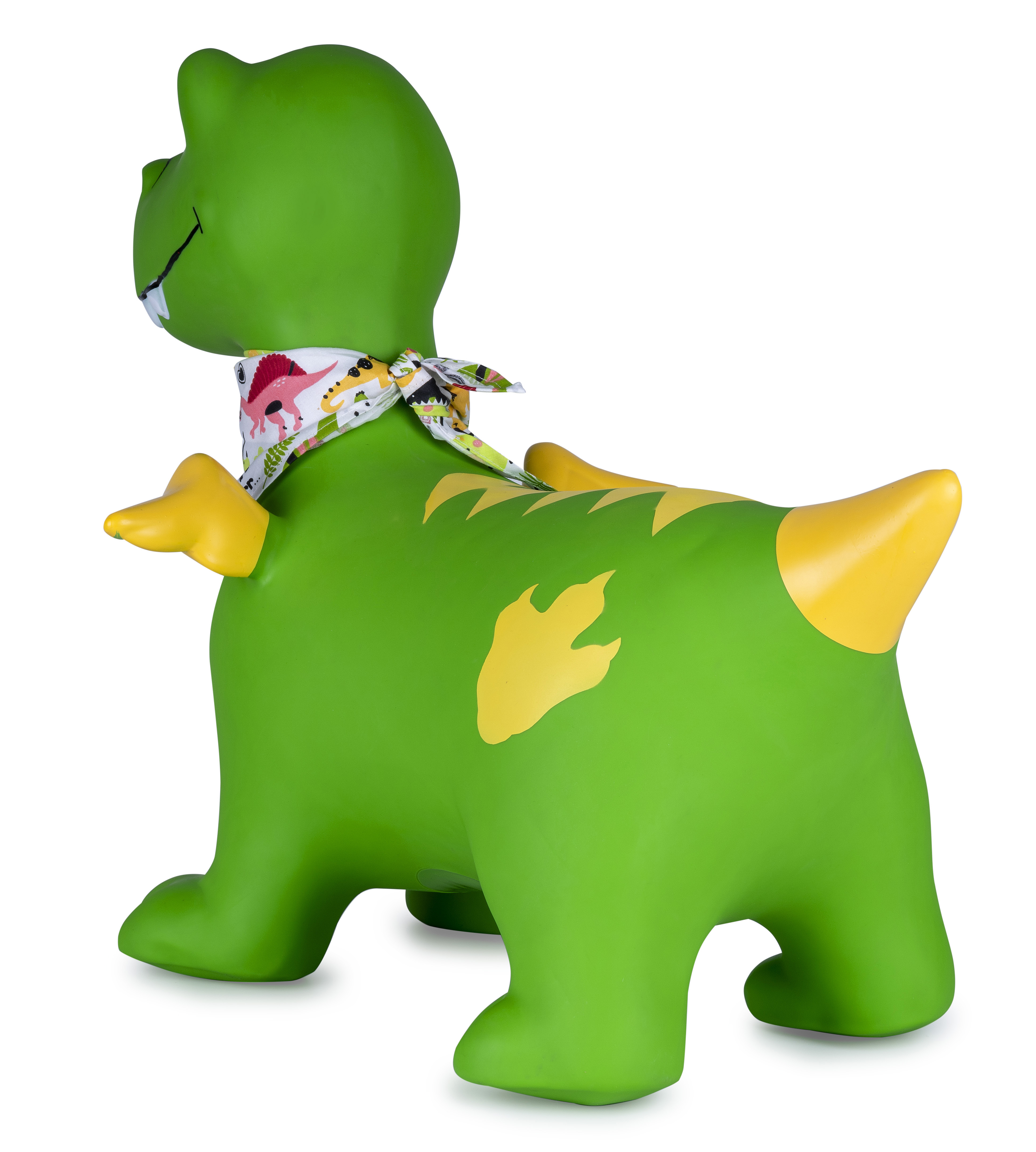 Ein grüner aufblasbarer Dinosaurier mit gelben Flügeln und Schwanzspitze.