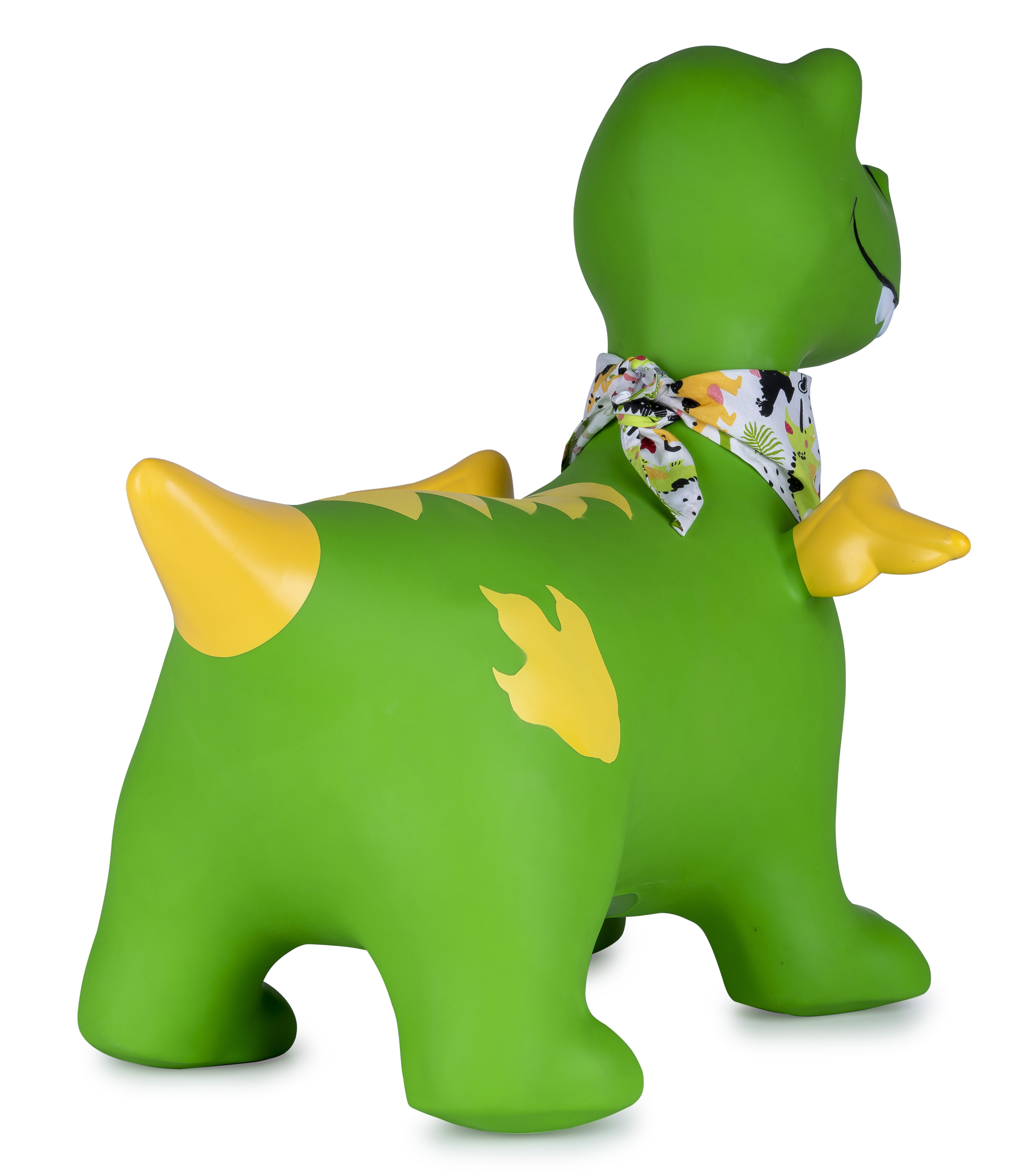 Grüner aufblasbarer Dinosaurier mit gelben Flügeln, Schwanzspitze und Fußspuren.