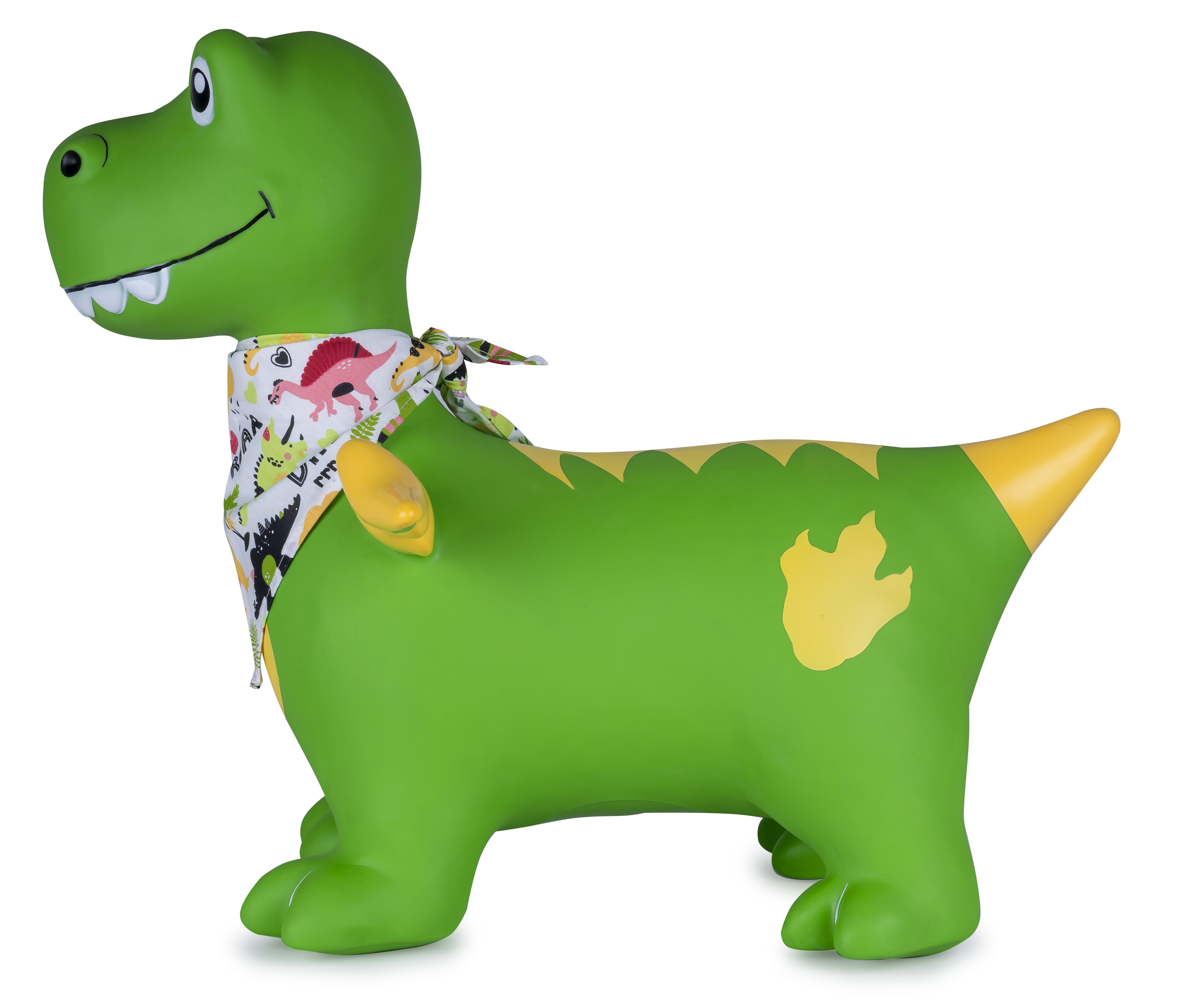 Grüner Dinosaurier-Hüpfer mit bandana und gelben Akzenten, auf weißem Hintergrund.