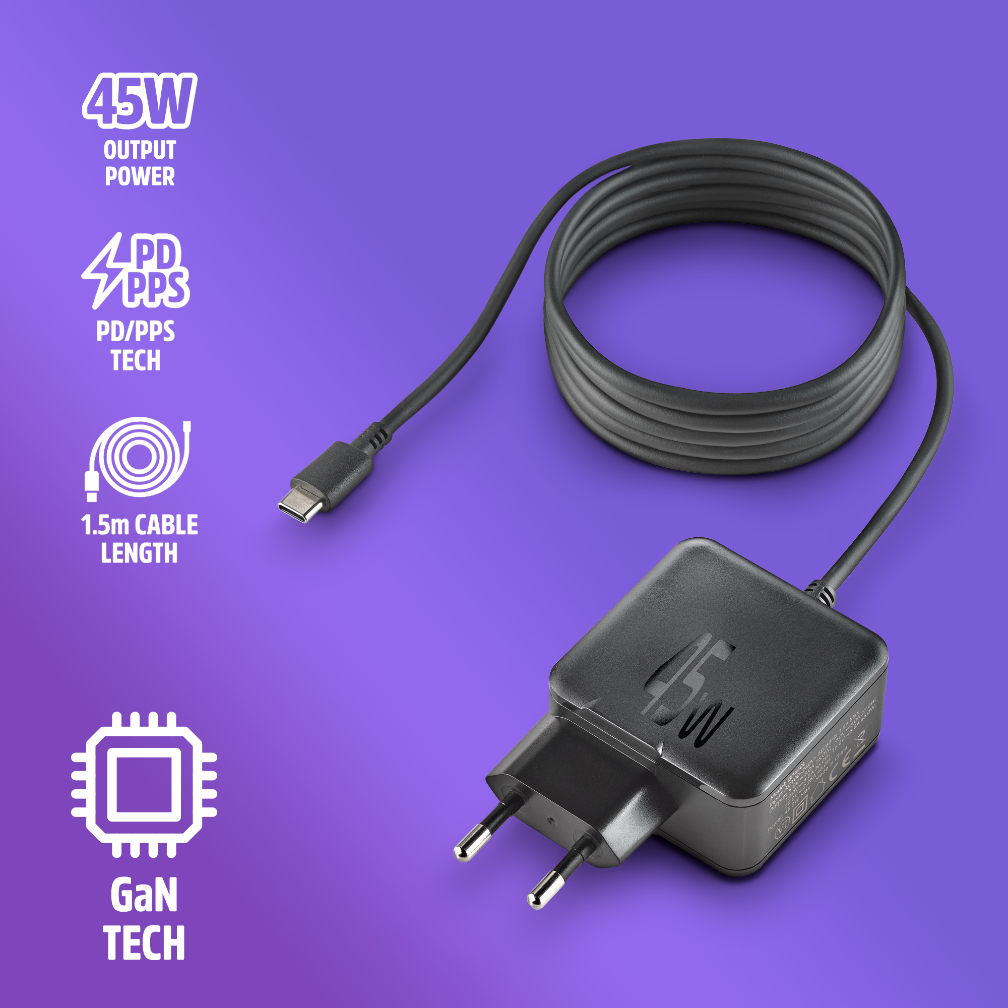 Alimentatore nero da 45W con cavo USB-C su sfondo viola.