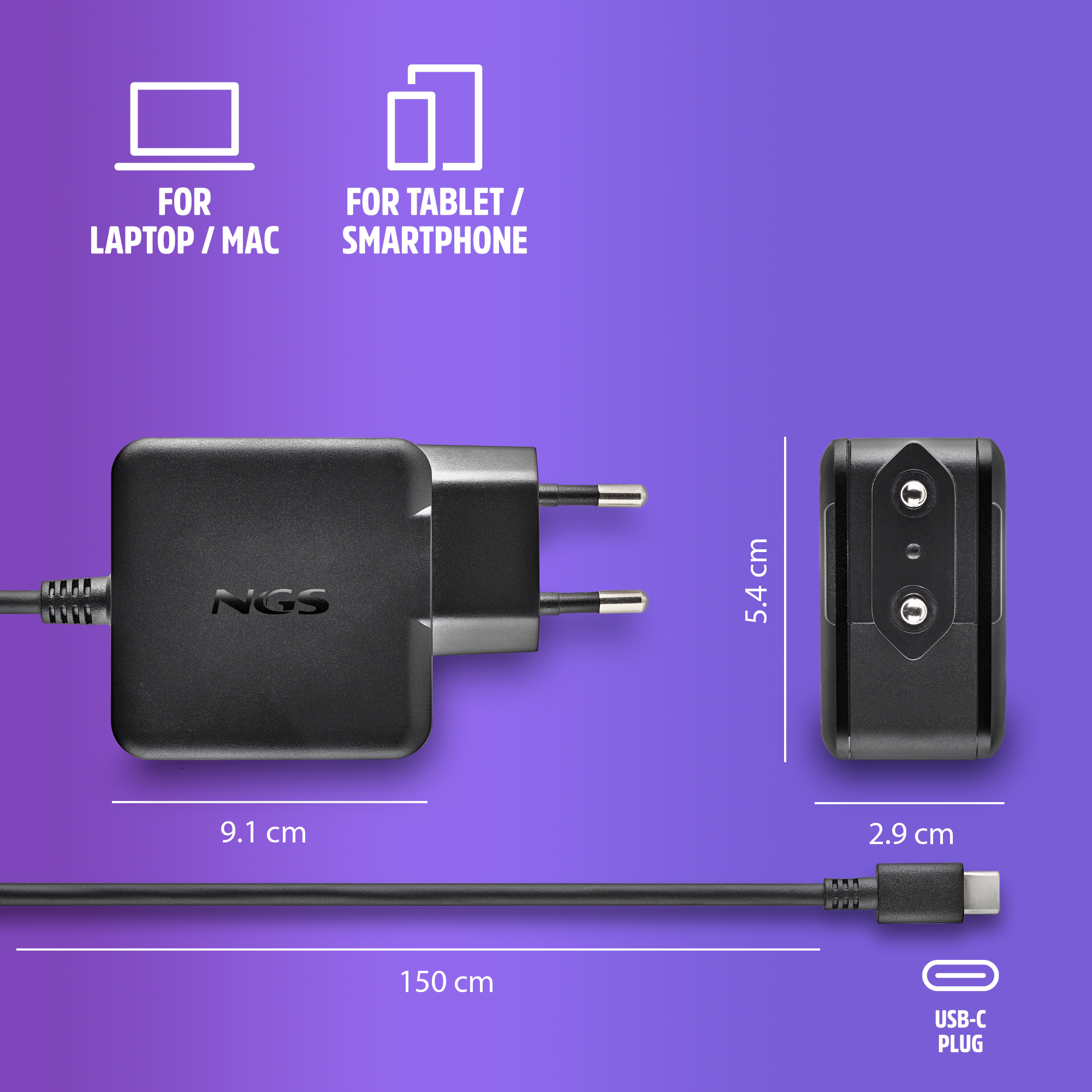 Adattatore di alimentazione NGS nero con cavo USB-C. Dimensioni: 9,1x5,4x2,9cm.