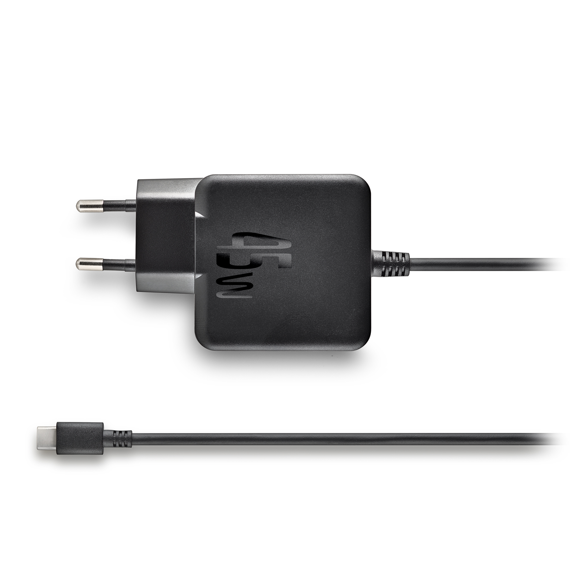 Un alimentatore USB-C nero da 45W con due pin e un cavo.