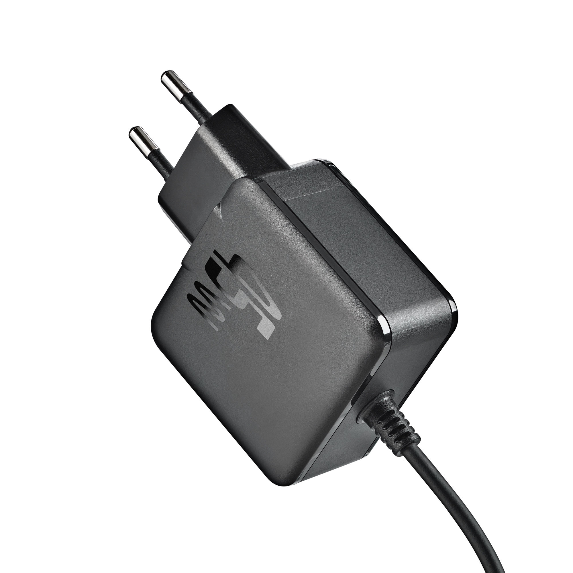 Un alimentatore grigio scuro con due pin metallici e un cavo.