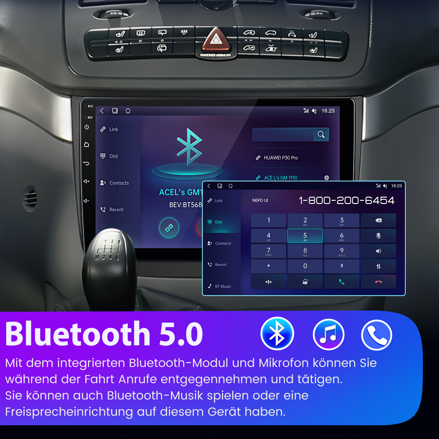 Auto-Infotainment-Bildschirm zeigt Telefon-App mit Ziffernblock und Kontakte.