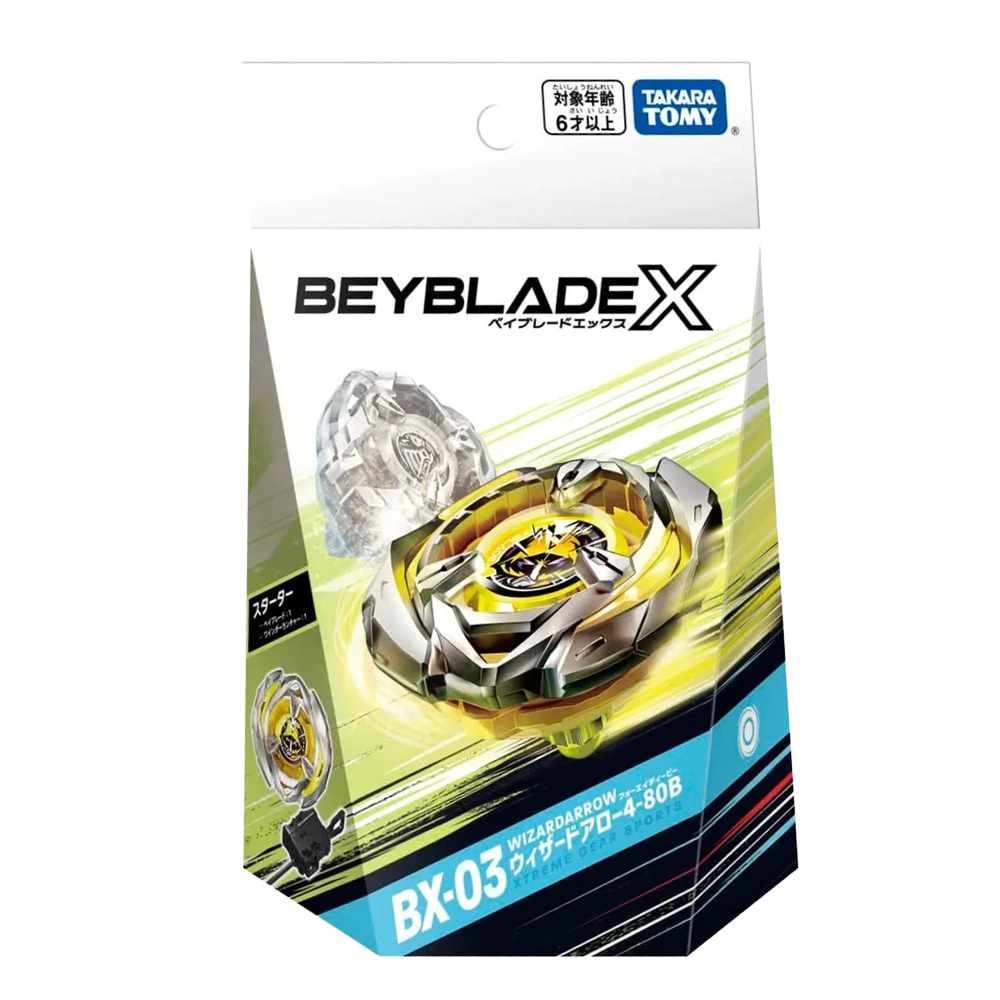 Verpackung für Beyblade X BX-03, mit gelb-silbernem Kreisel und Starter.