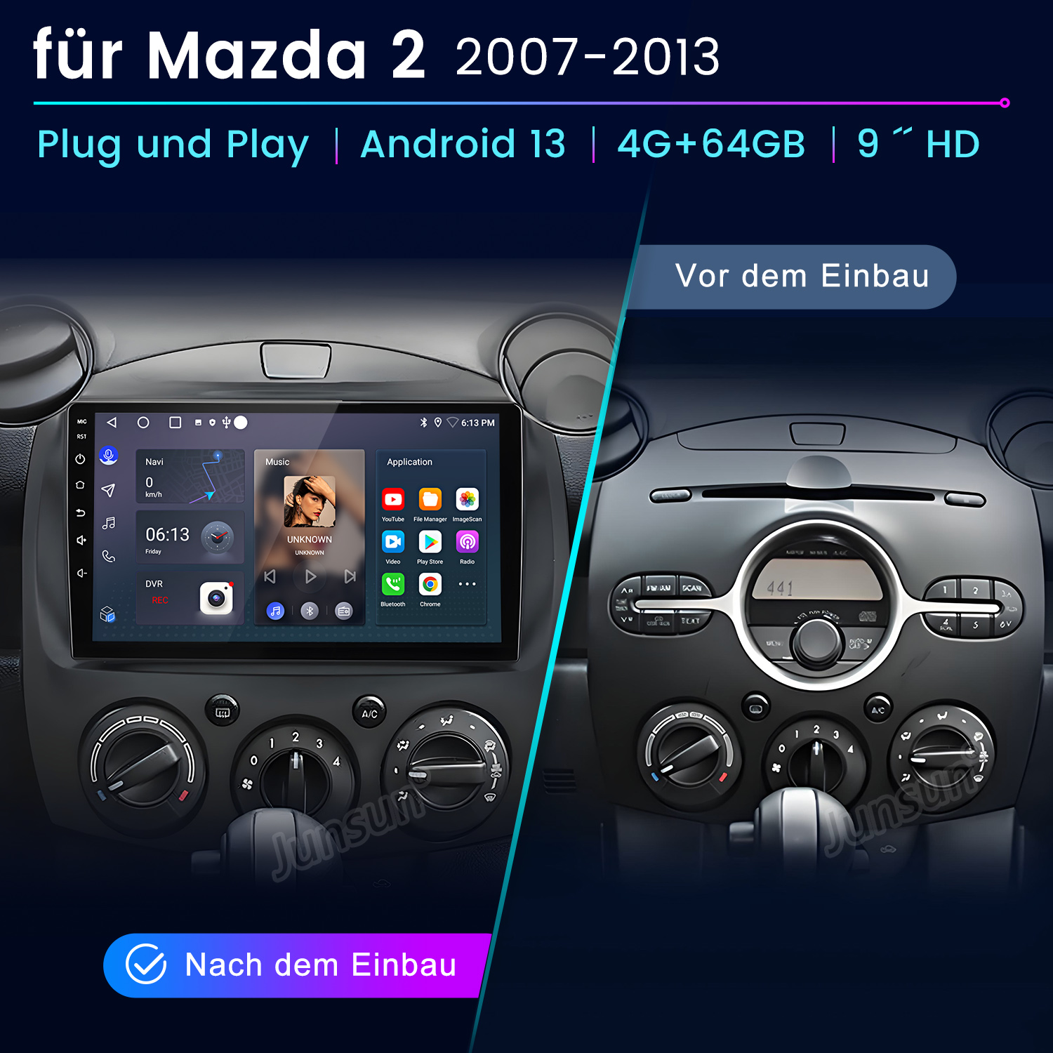 Vergleich eines Mazda 2 Armaturenbretts vor und nach dem Einbau eines neuen Infotainmentsystems.