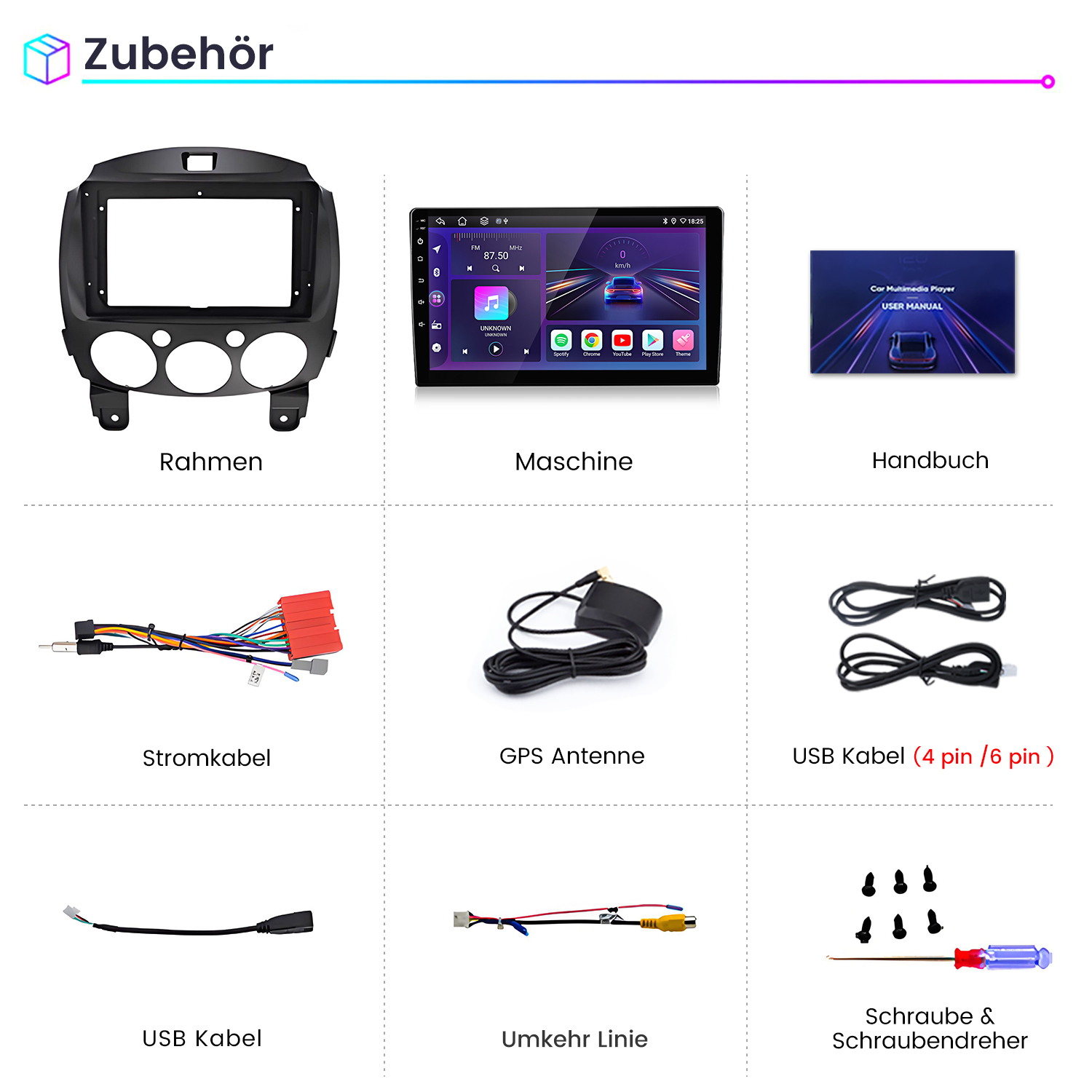 Zubehör: Rahmen, Maschine, Handbuch, Stromkabel, GPS Antenne, USB Kabel, USB Kabel, Umkehr Linie, Schrauben & Schraubendreher.