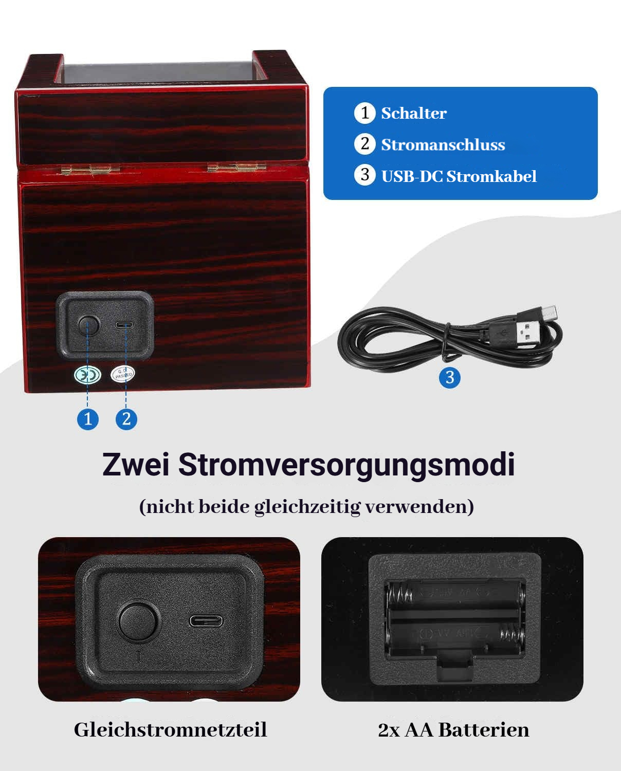 Ein Holzgehäuse mit Stromanschlüssen: Schalter, Buchse und USB-Kabel.