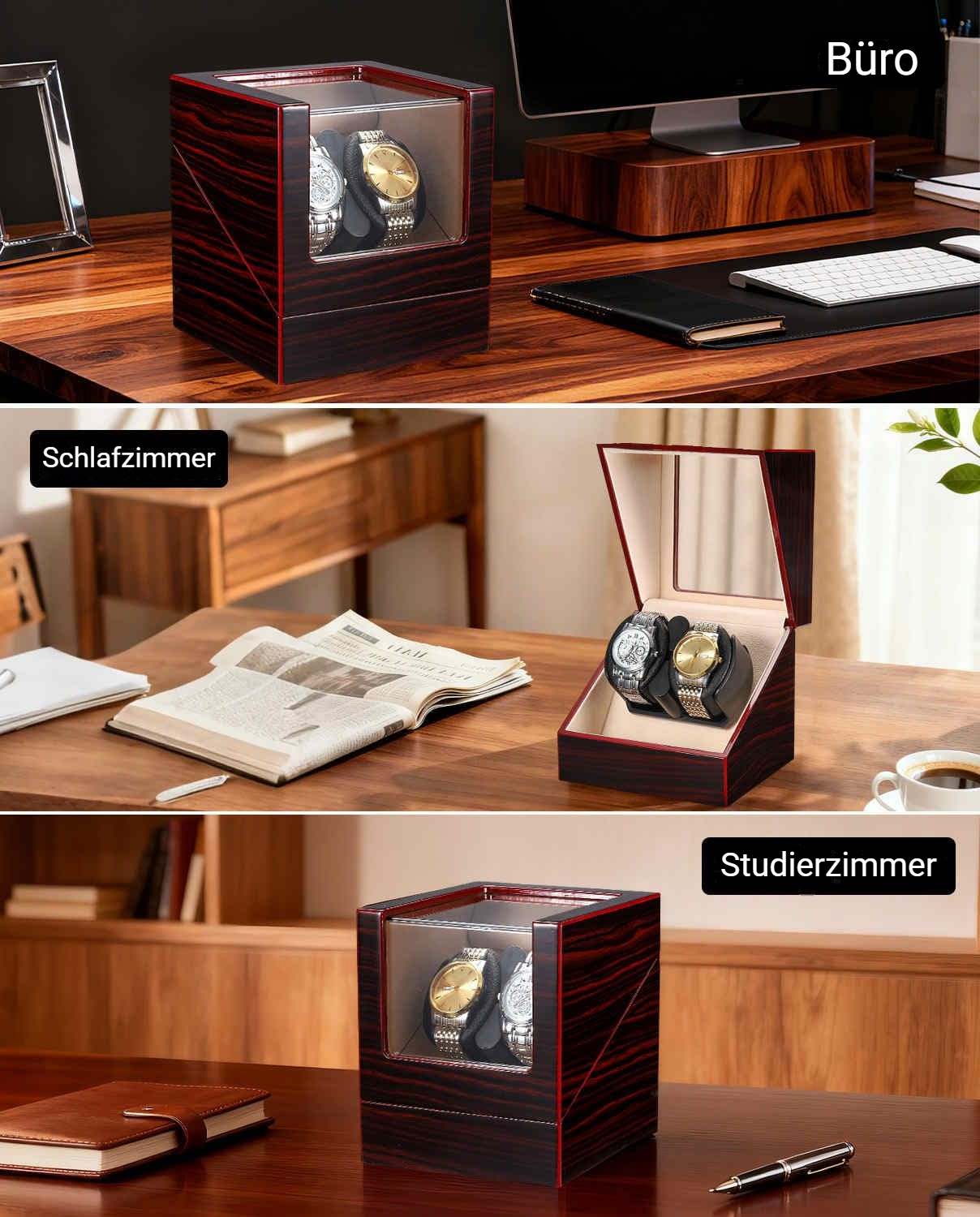 Ein dunkelbrauner Uhrenbeweger mit roten Akzenten, zwei Uhren darin, auf einem Holztisch.