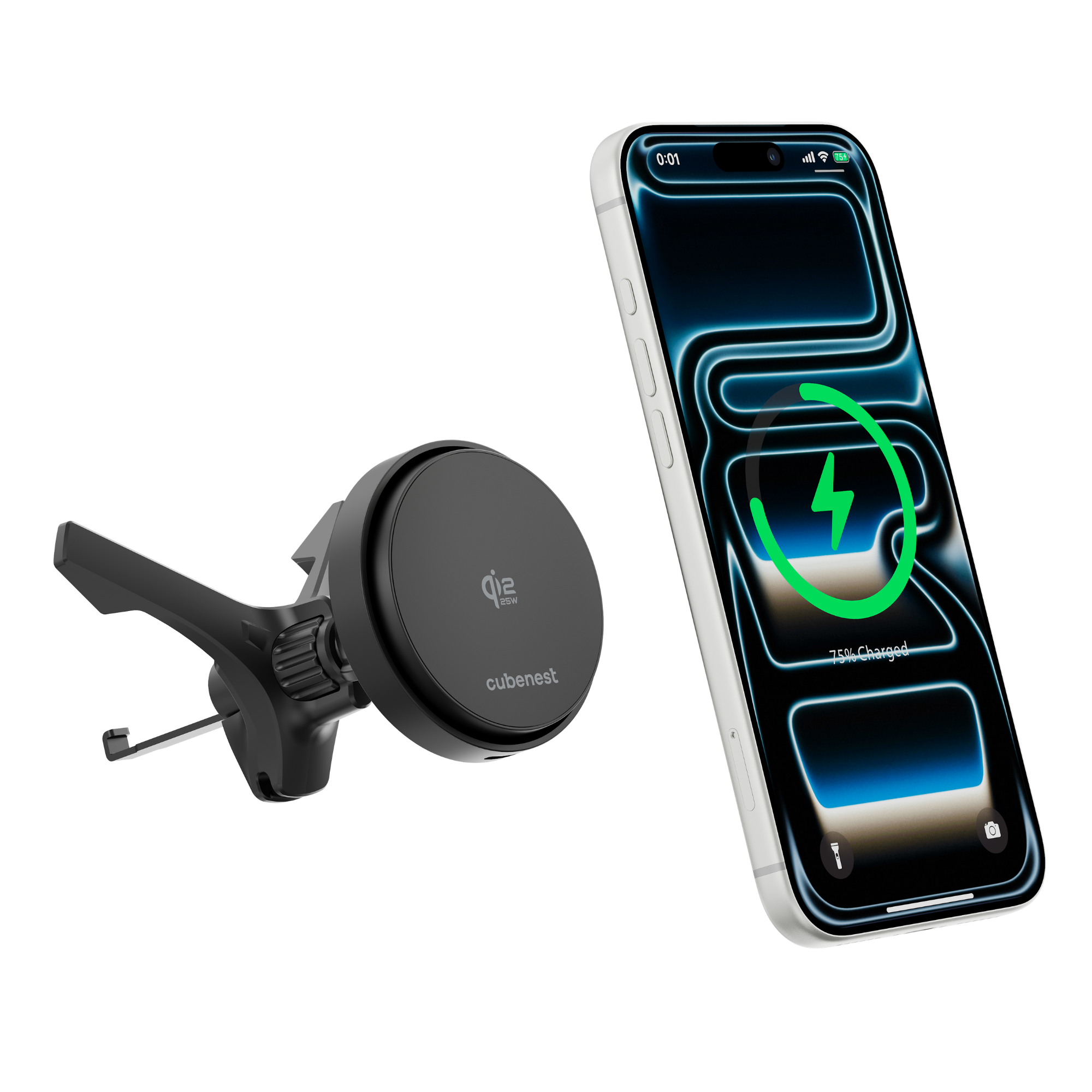 Ein schwarzer Qi-Ladeständer neben einem iPhone, das zu 75 % aufgeladen ist.