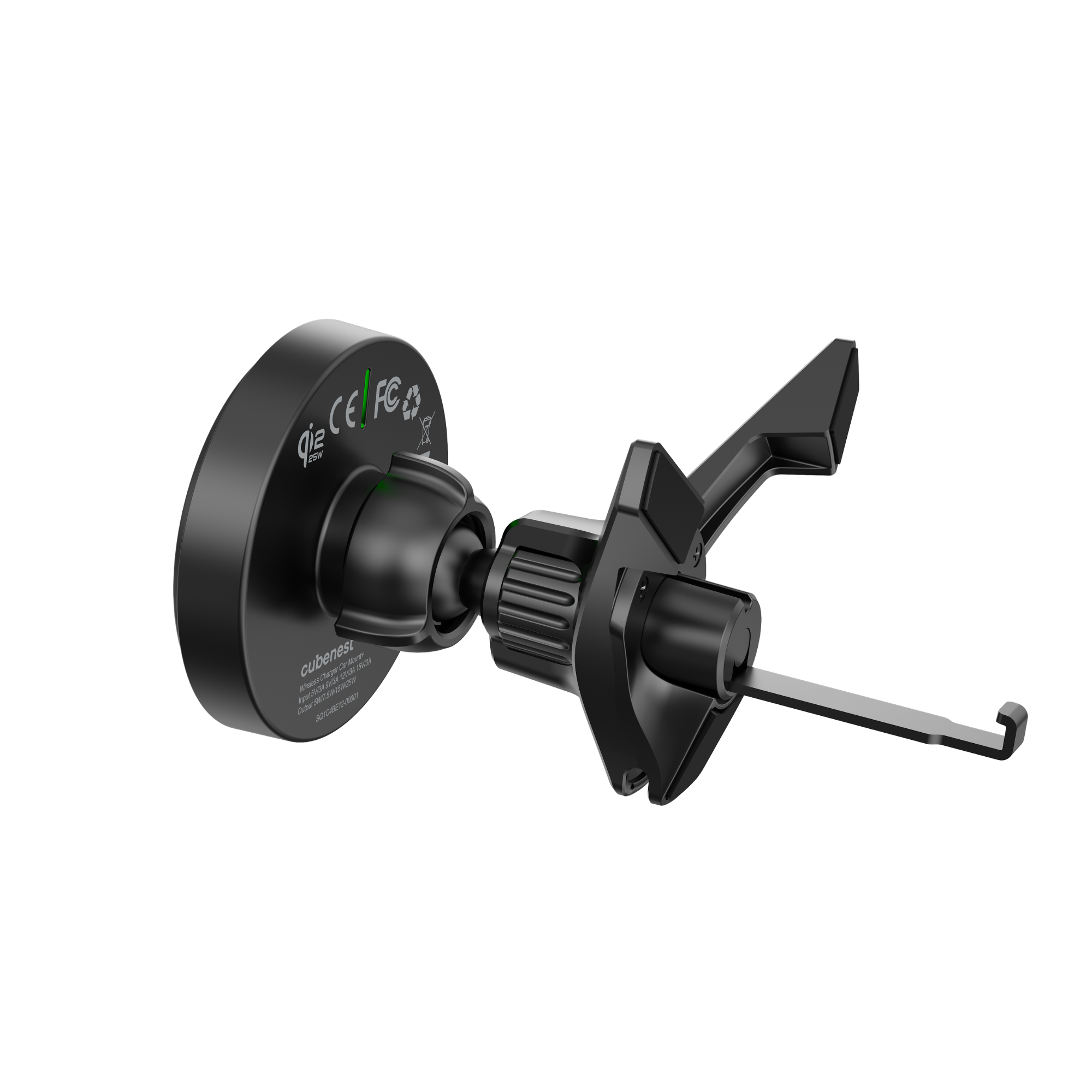 Ein schwarzer Wireless Charger mit Halterung, mit CE/FC-Logo.