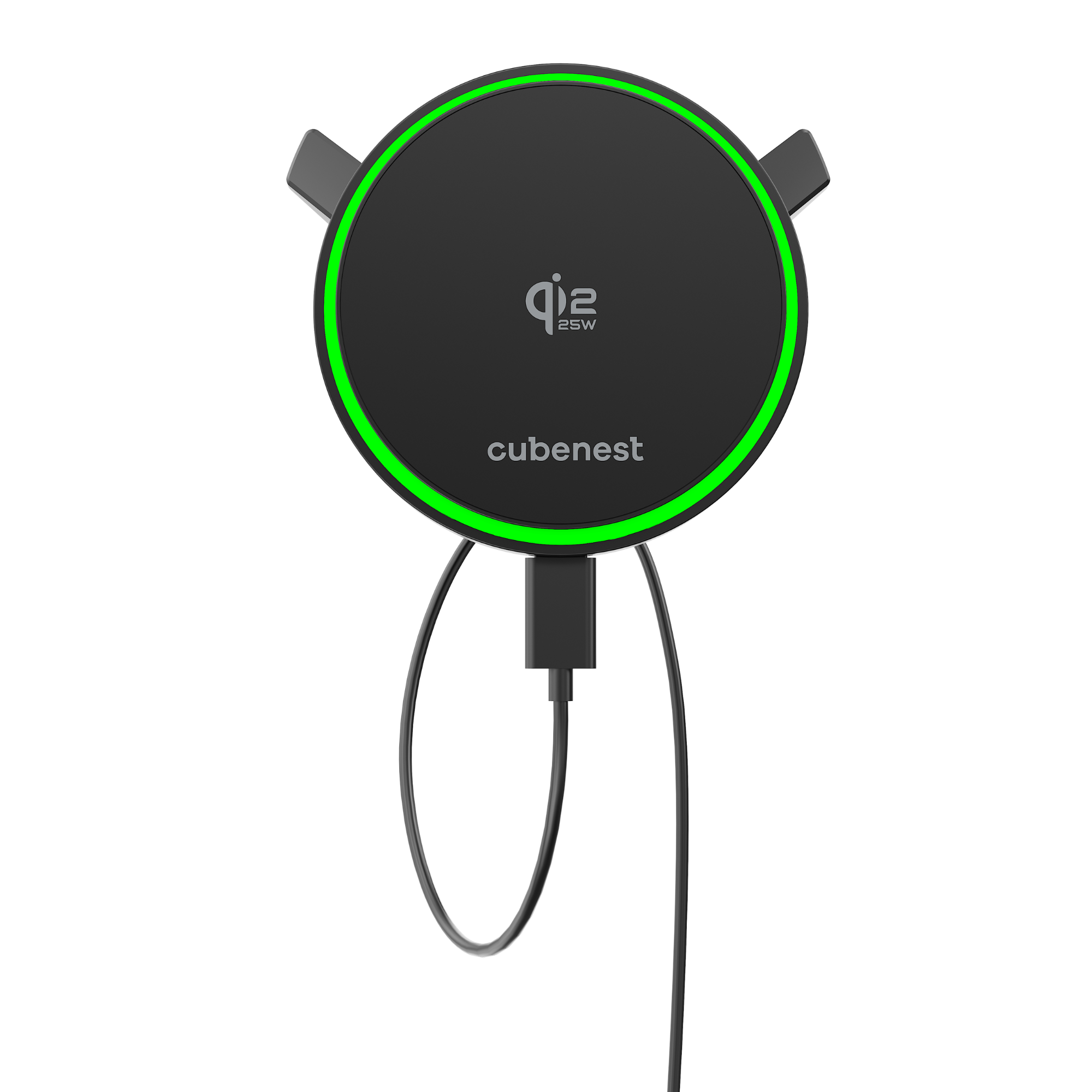 Runder, schwarzer Qi-Ladegerät mit grüner LED-Umrandung und Kabel.