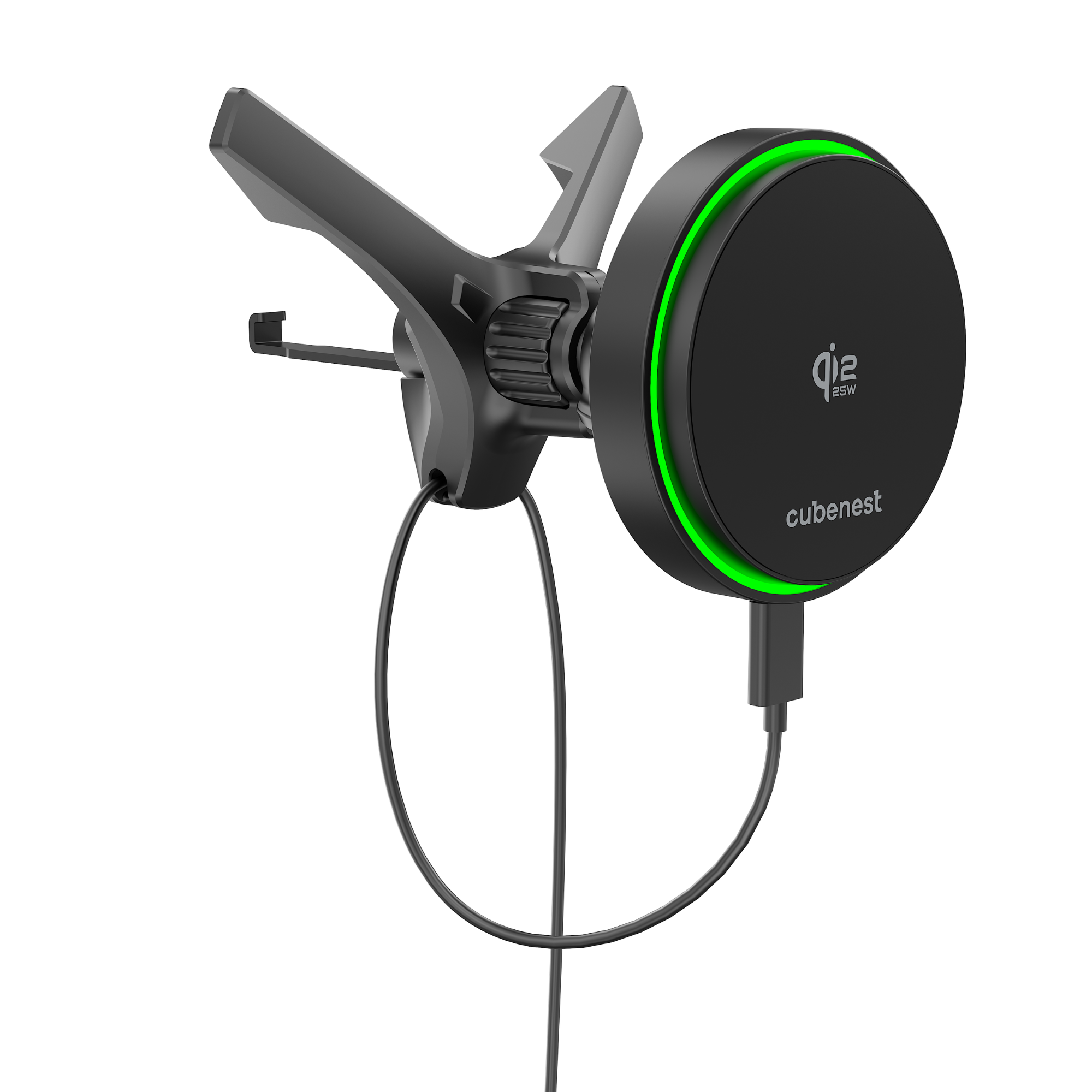 Schwarzer Qi2 25W Wireless Charger mit grünem Lichtring und USB-Kabel.