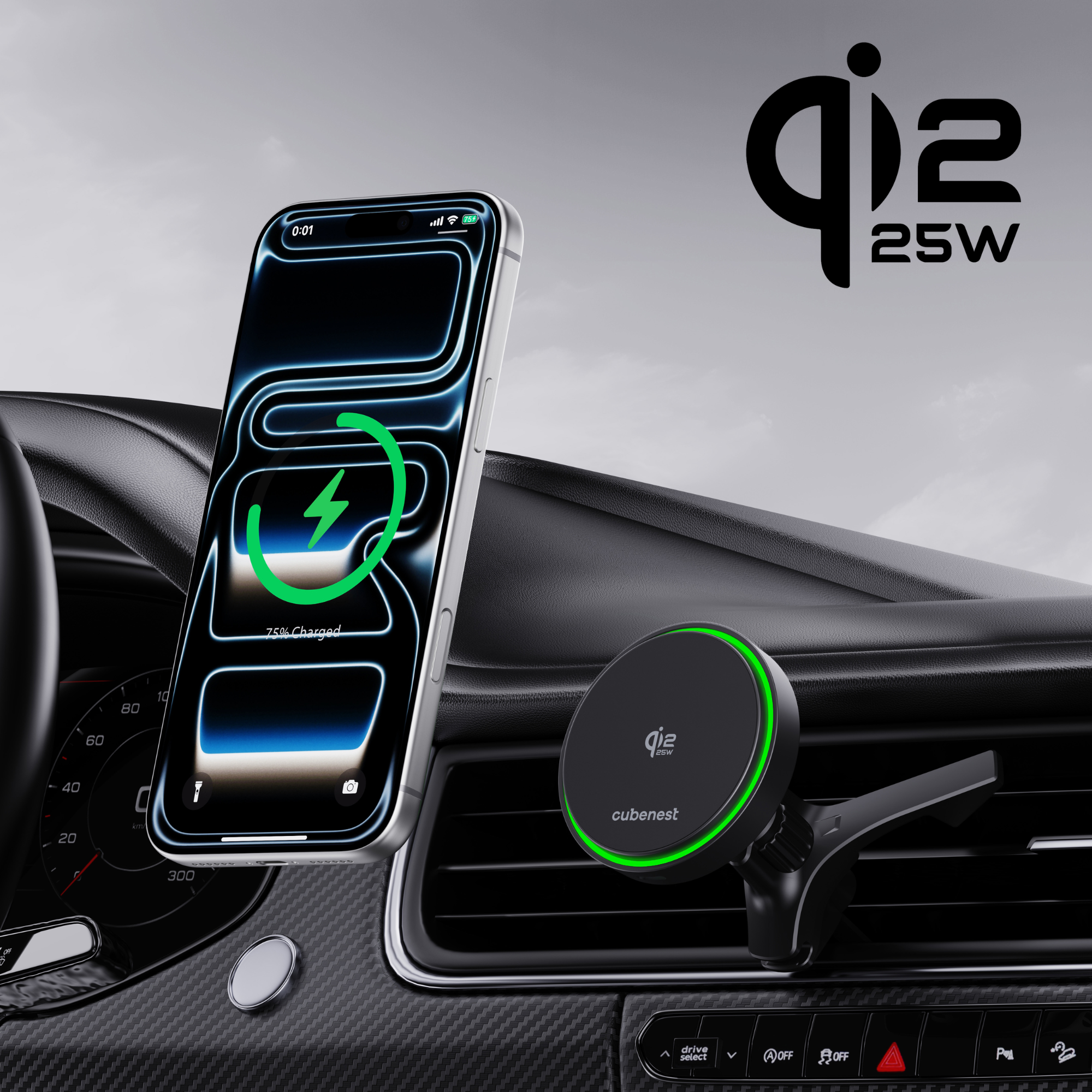Ein iPhone wird drahtlos in einem Auto geladen, mit einem Ladeanzeiger und einem Qi2-Logo.