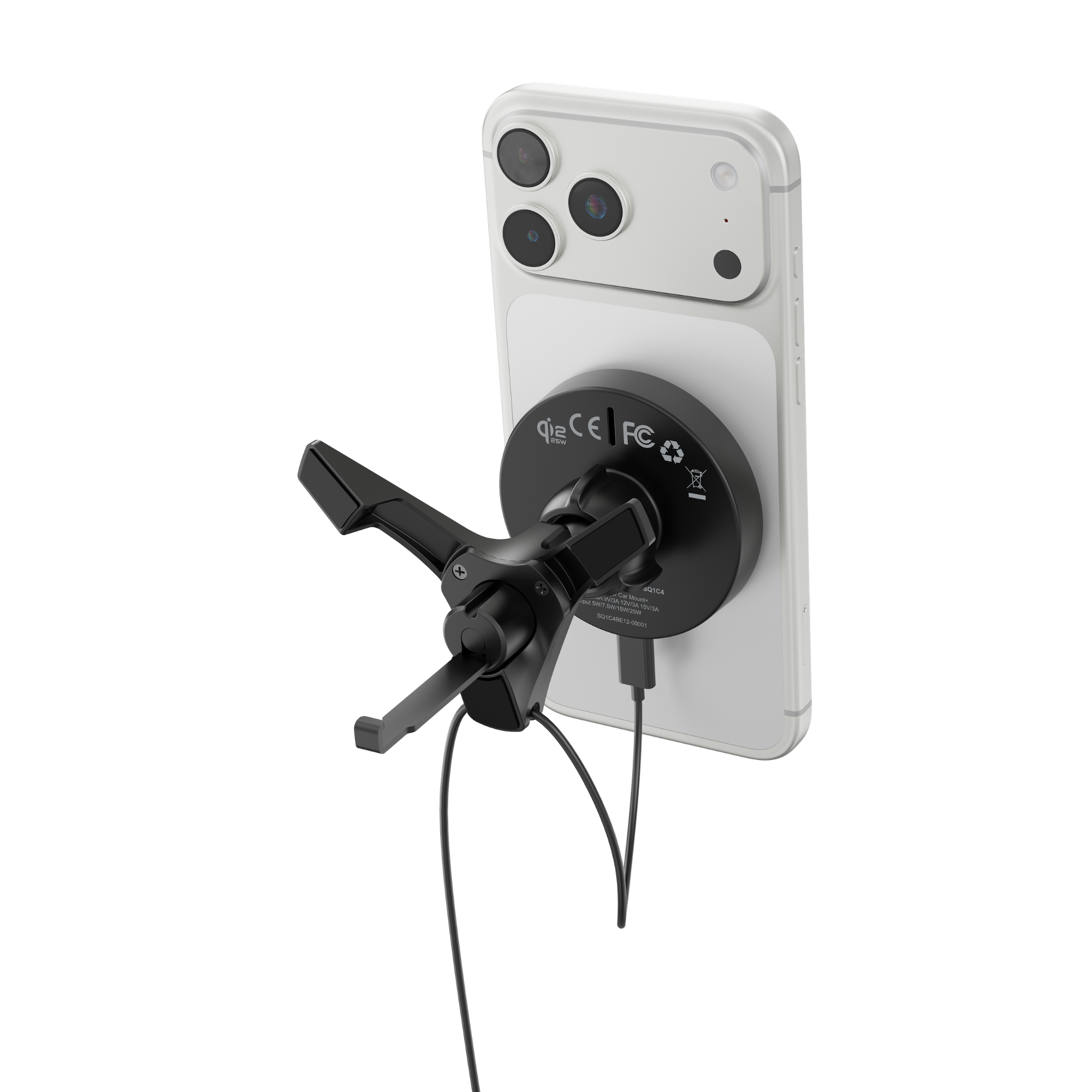 Ein schwarzer Handyhalter mit Kabeln, der an einem weißen iPhone befestigt ist.