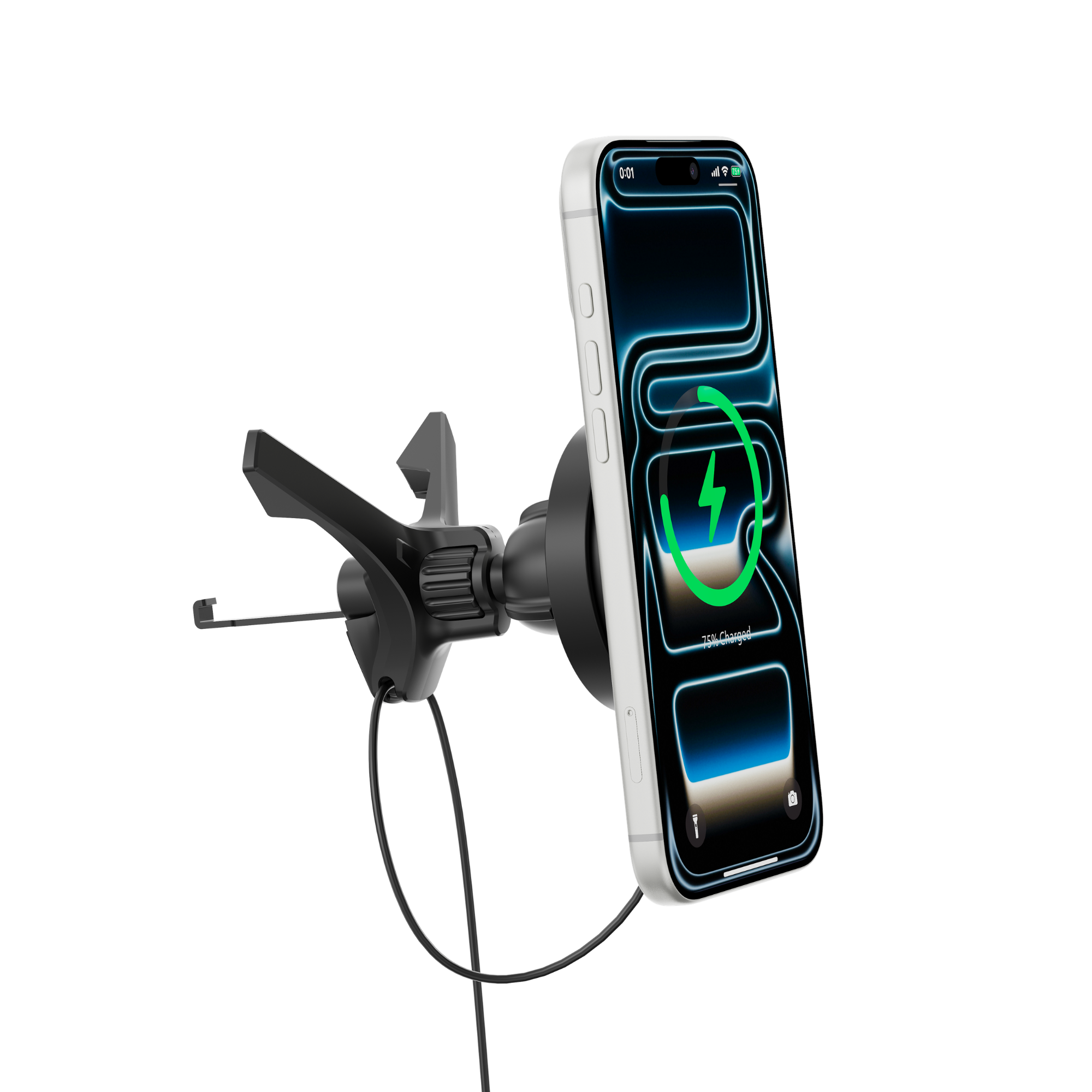 Ein schwarzer Autohalter mit einem iPhone, das zu 75 % aufgeladen ist.
