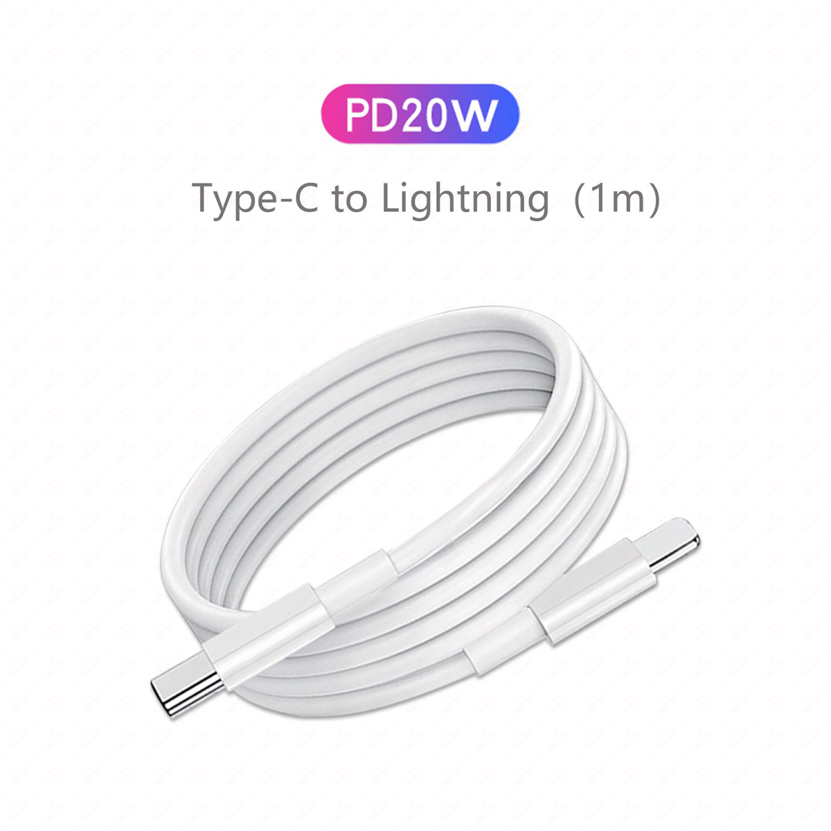 Ein weißes Ladekabel mit Typ-C- und Lightning-Anschlüssen, PD20W.