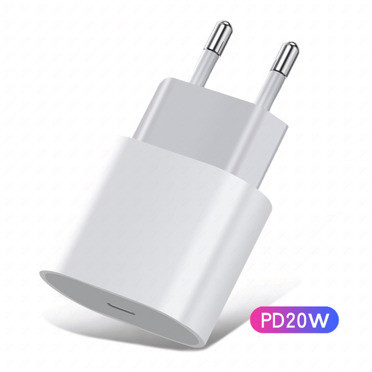 Ein weißer USB-C-Adapter mit zwei silbernen Stiften und der Aufschrift "PD20W".