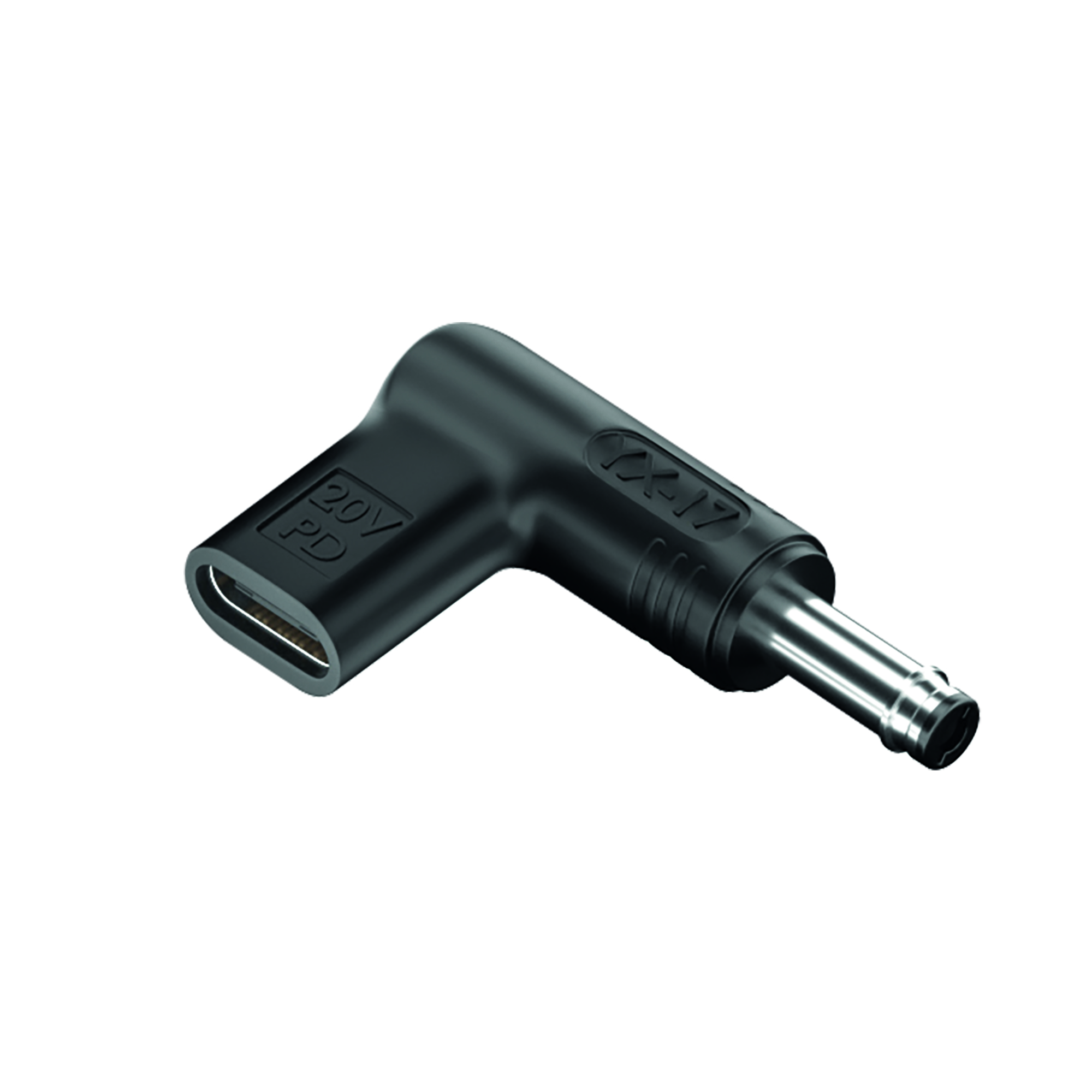 Adattatore USB-C nero con marcatura 20V PD e spina metallica rotonda.