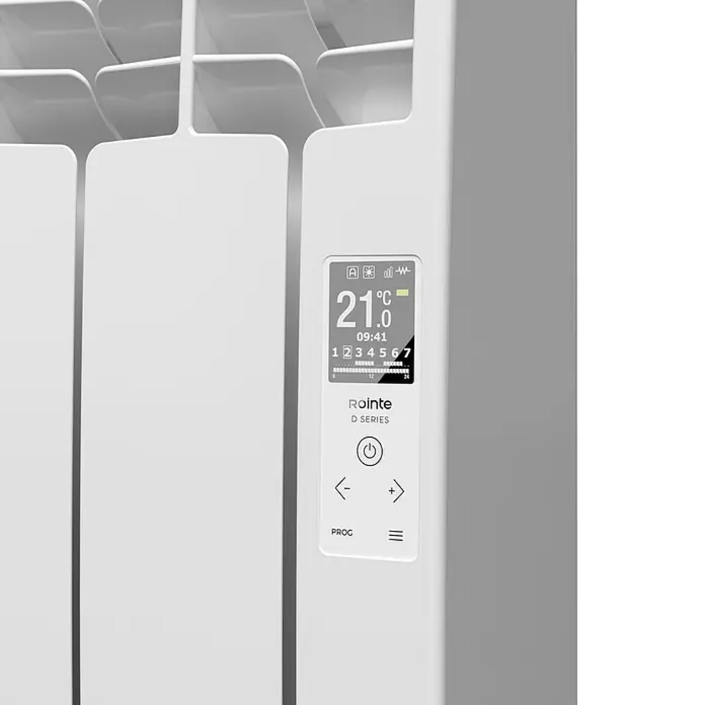 Un radiador blanco con pantalla digital que muestra 21°C.